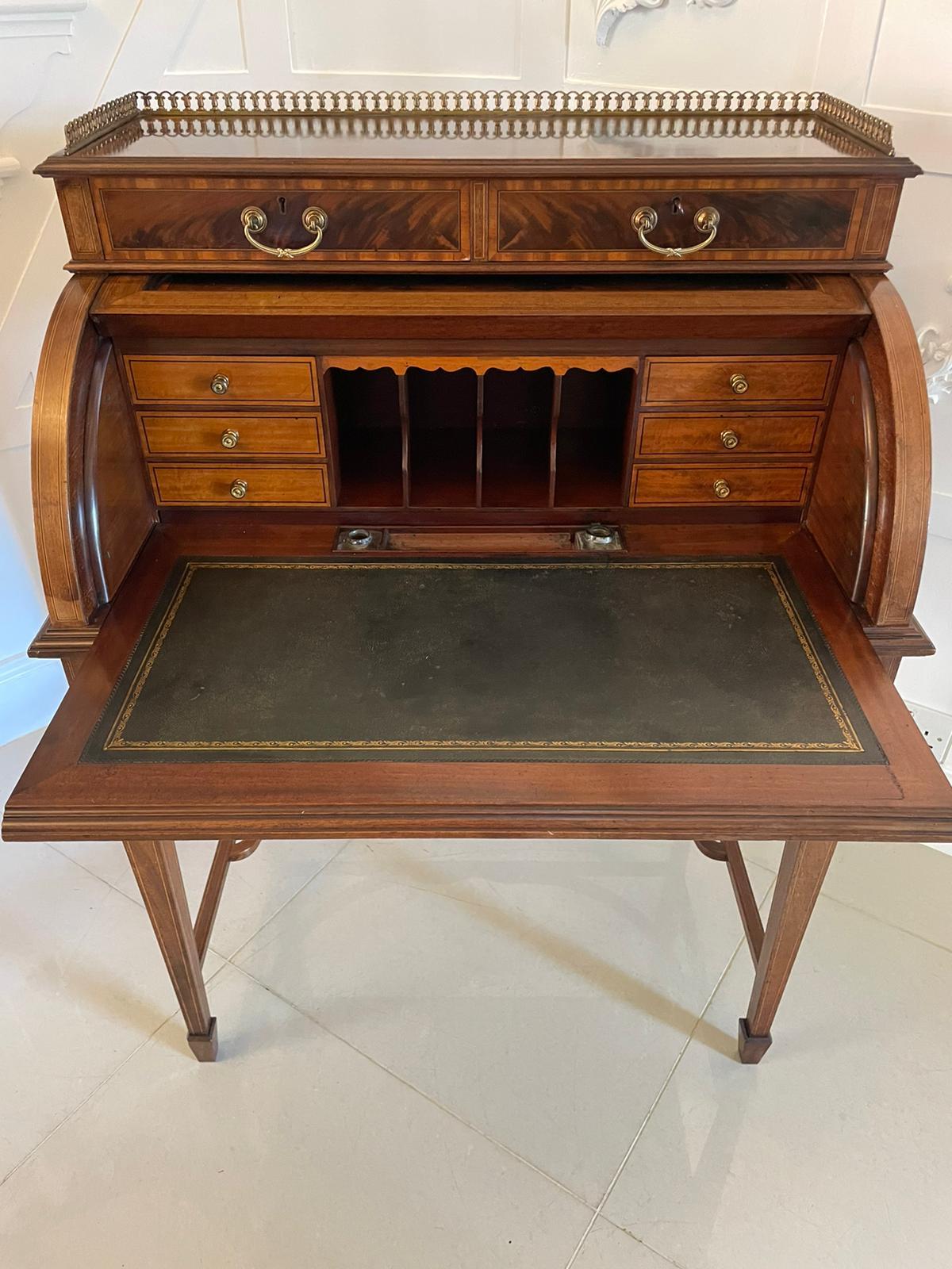 Fine Quality Antique Edwardian Freestanding Mahogany Inlaid Cylinder Desk For Sale 3