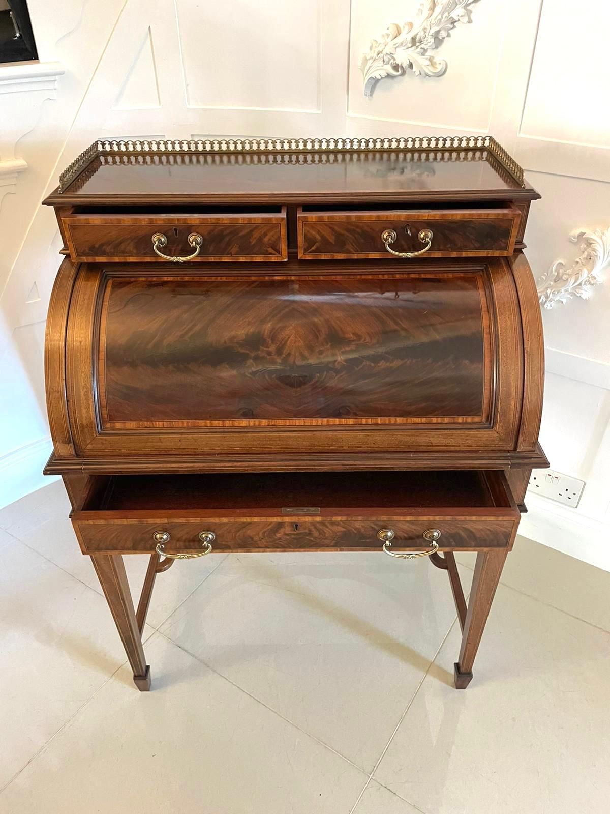 Fine Quality Antique Edwardian Freestanding Mahogany Inlaid Cylinder Desk For Sale 5