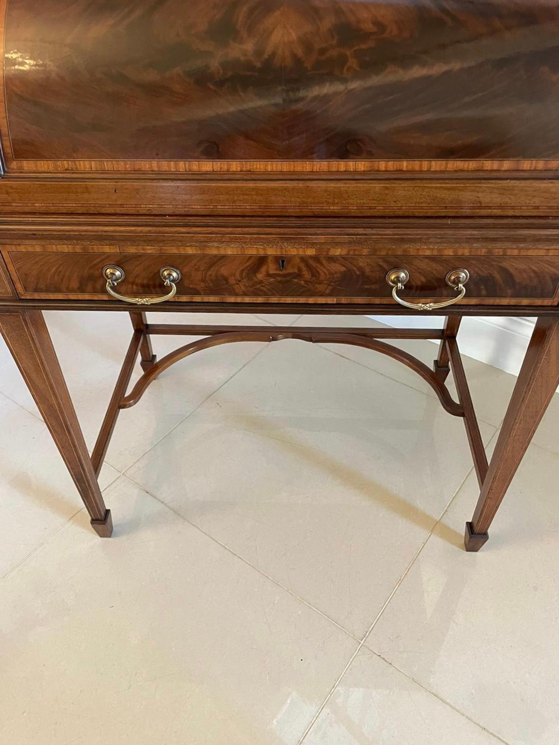 Fine Quality Antique Edwardian Freestanding Mahogany Inlaid Cylinder Desk For Sale 6