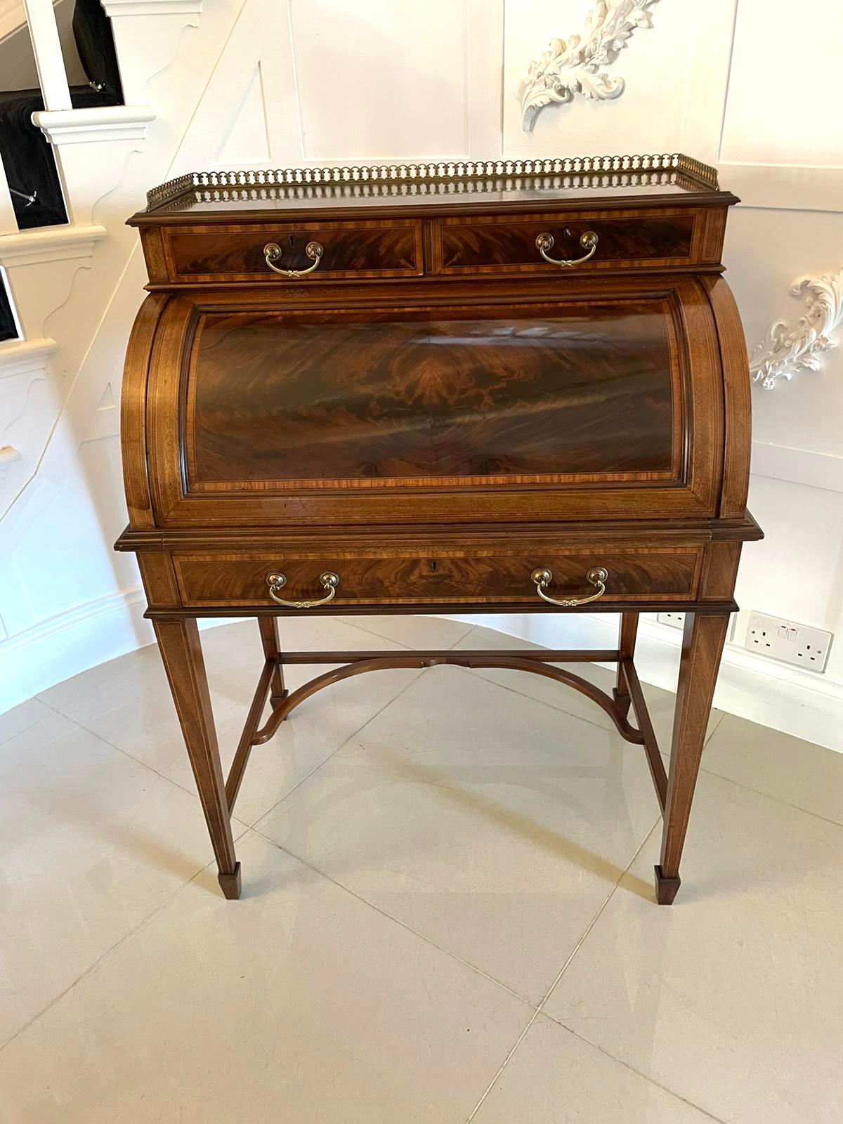 English Fine Quality Antique Edwardian Freestanding Mahogany Inlaid Cylinder Desk For Sale