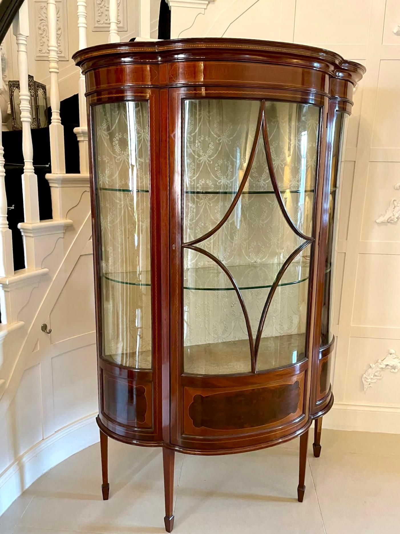 Fine Quality Antique Edwardian Inlaid Mahogany Shaped Display Cabinet For Sale 4