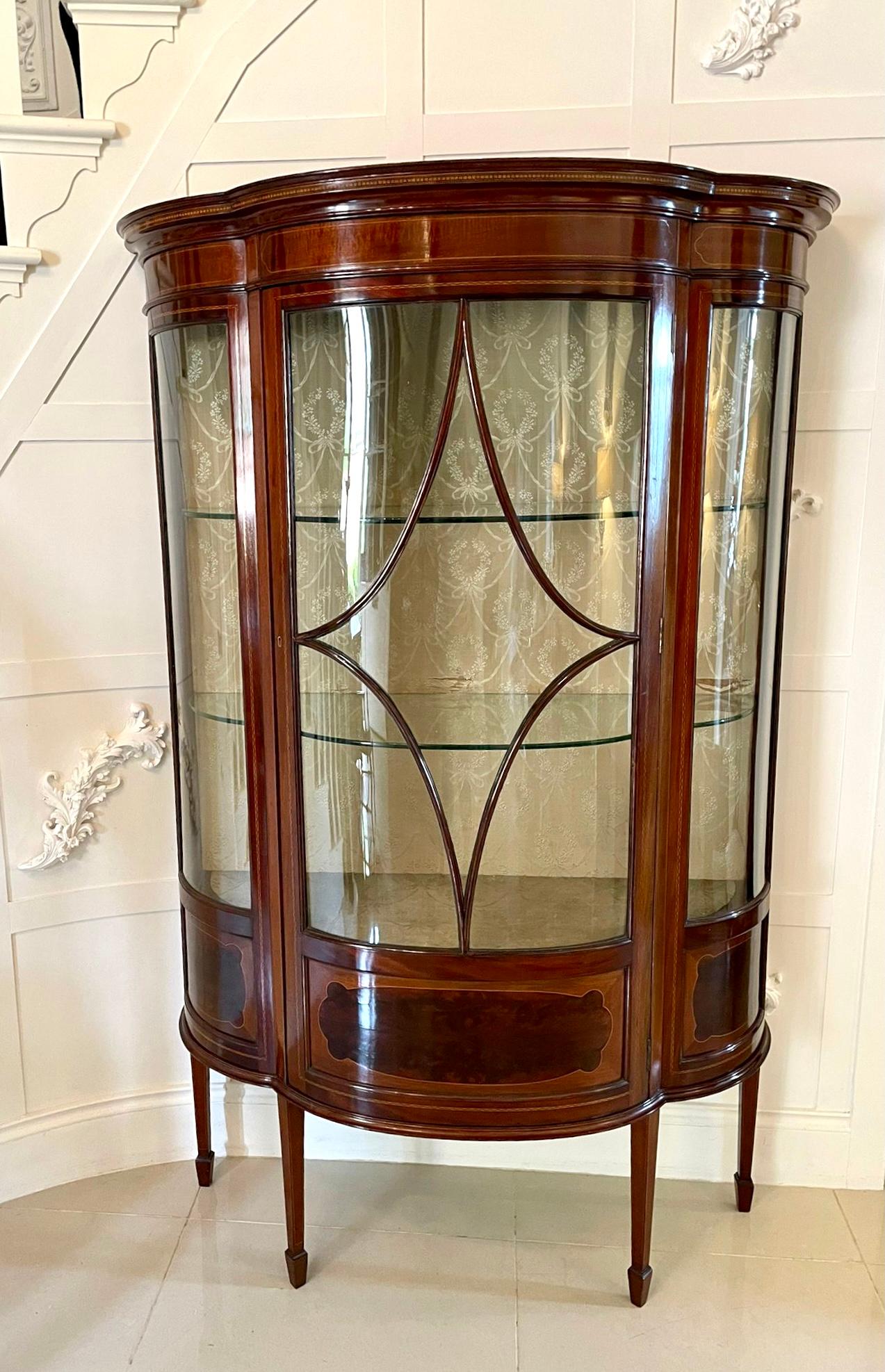 Fine Quality Antique Edwardian Inlaid Mahogany Shaped Display Cabinet For Sale 5
