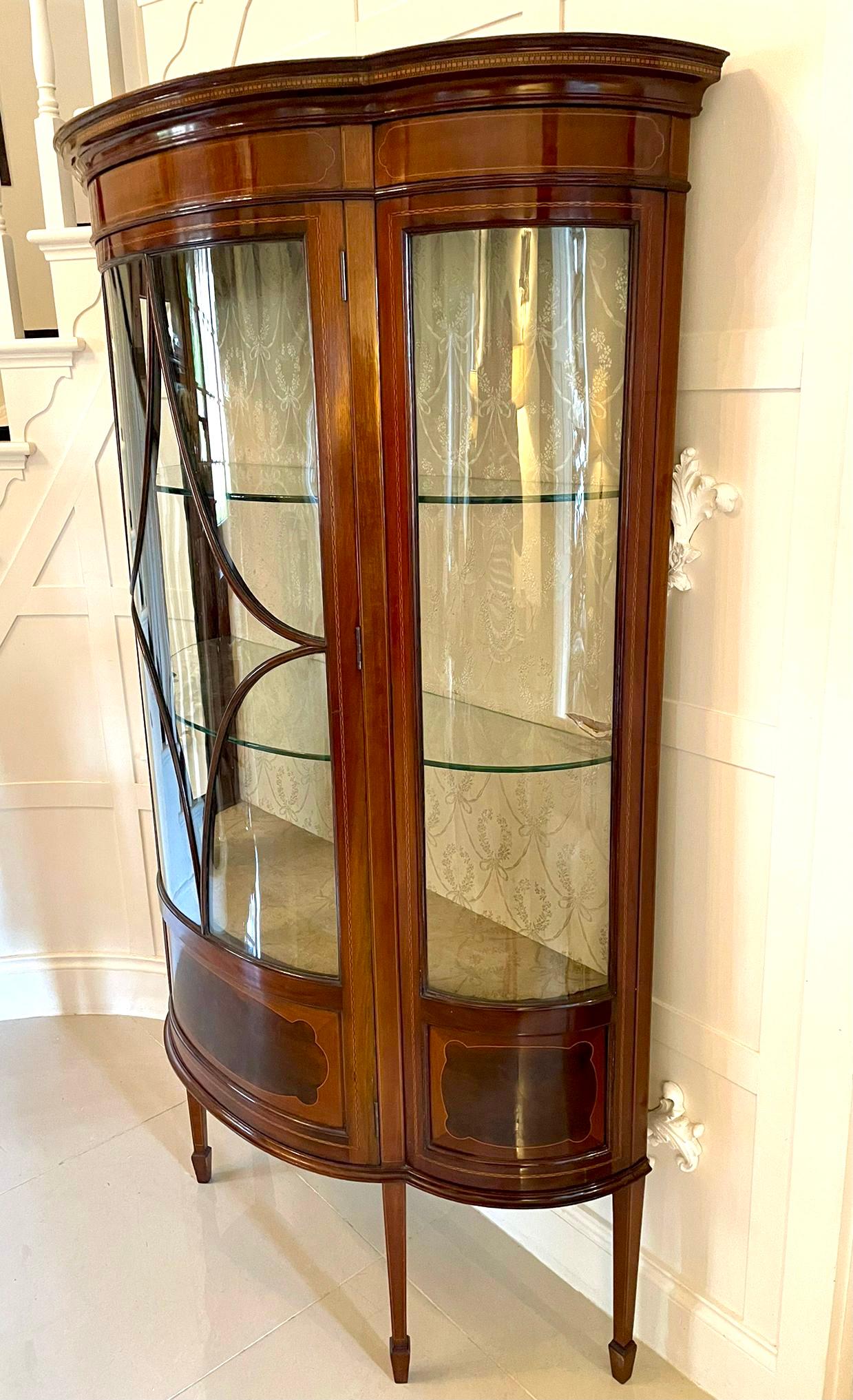 Fine Quality Antique Edwardian Inlaid Mahogany Shaped Display Cabinet For Sale 2