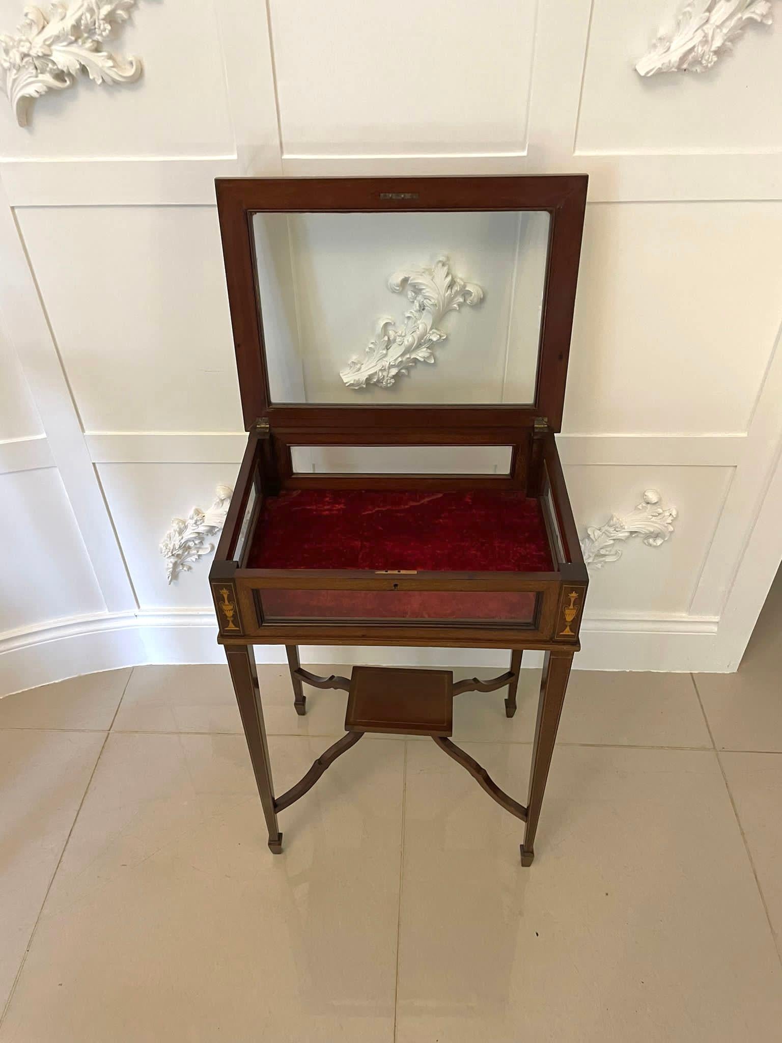 English Fine Quality Antique Edwardian Mahogany Inlaid Bijouterie Cabinet