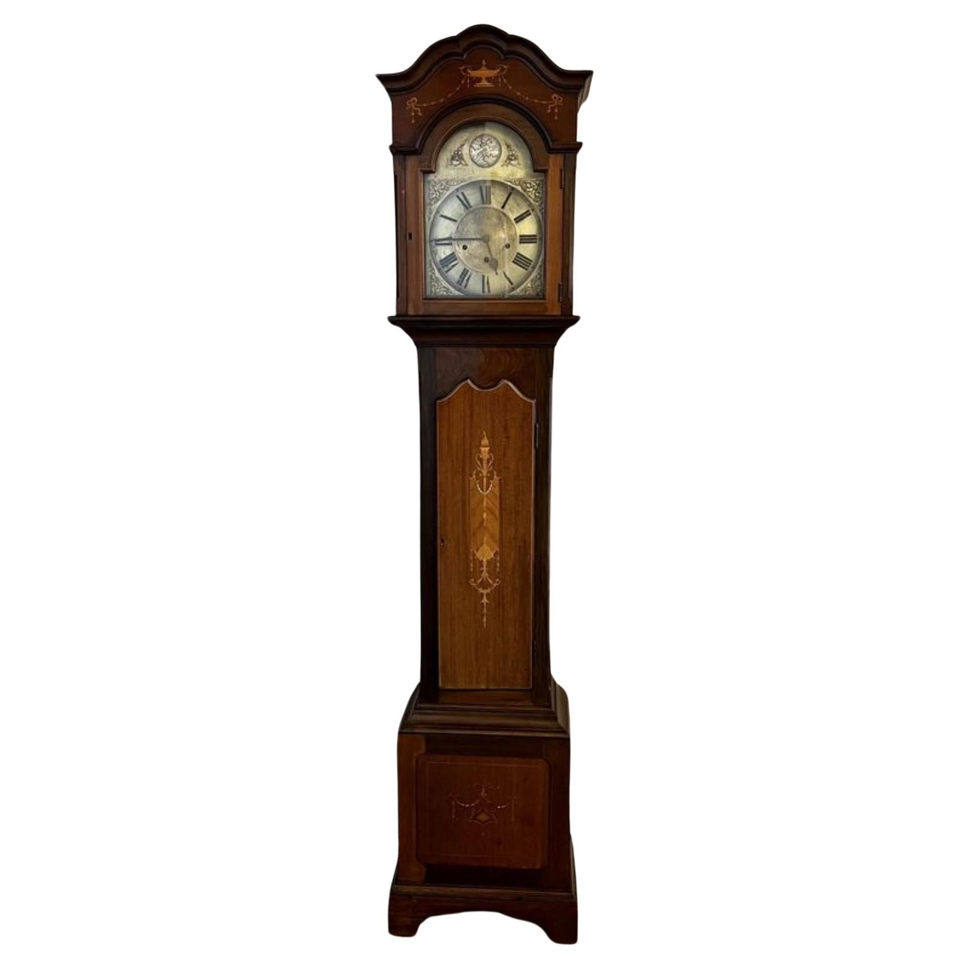 Horloge édouardienne ancienne de grande qualité avec boîtier long incrusté d'acajou 