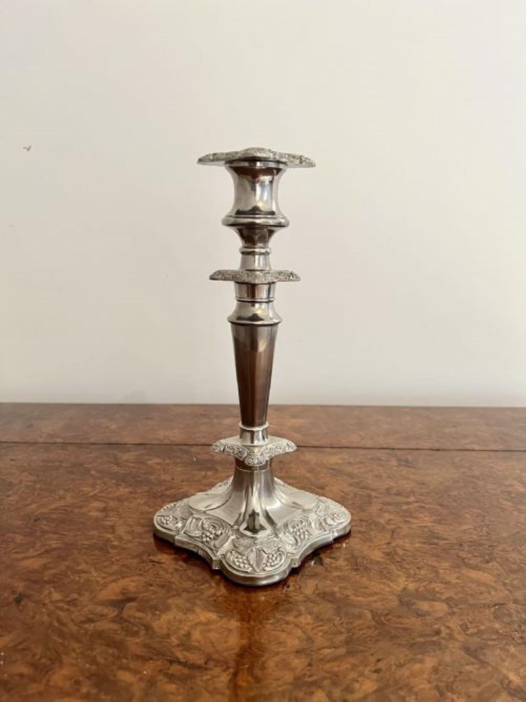 Fine quality antique Edwardian ornate silver plated candelabra and candlesticks set having a fine quality antique Edwardian silver plated candelabra accompanied by the matching pair of candlesticks, the candelabra having three light branches, ornate