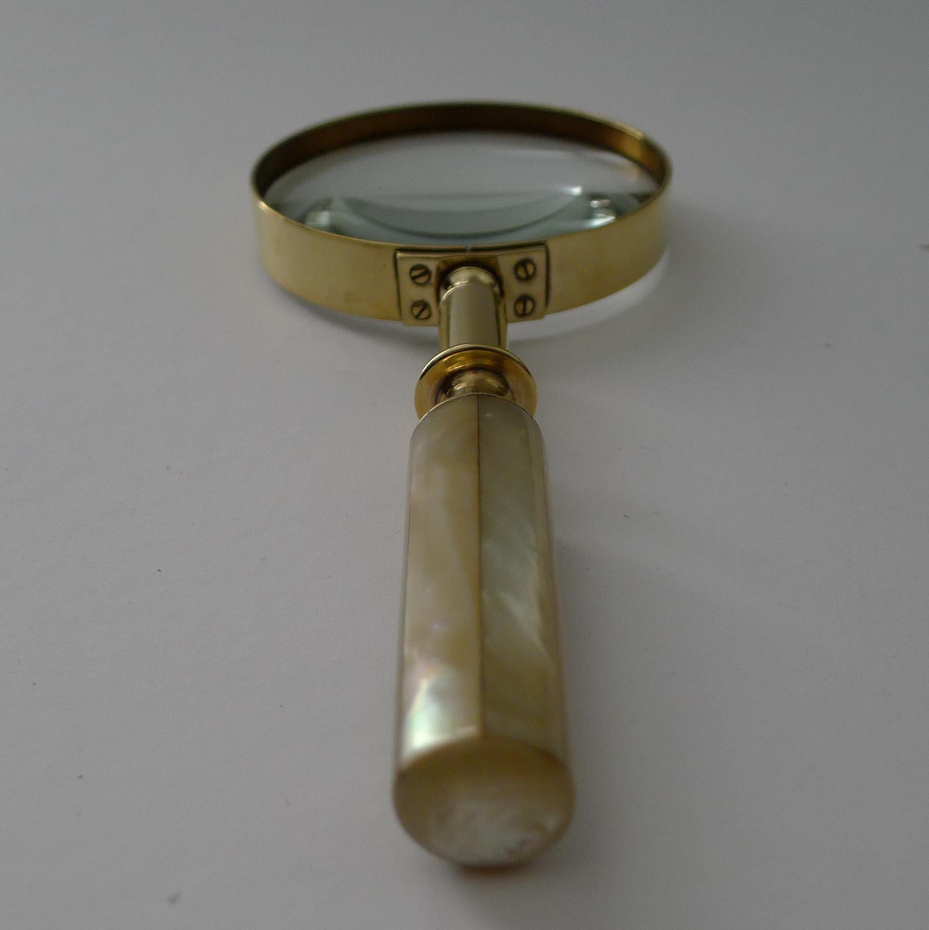 Late Victorian Fine Quality Antique English Brass and Mother of Pearl Magnifying Glass c.1890