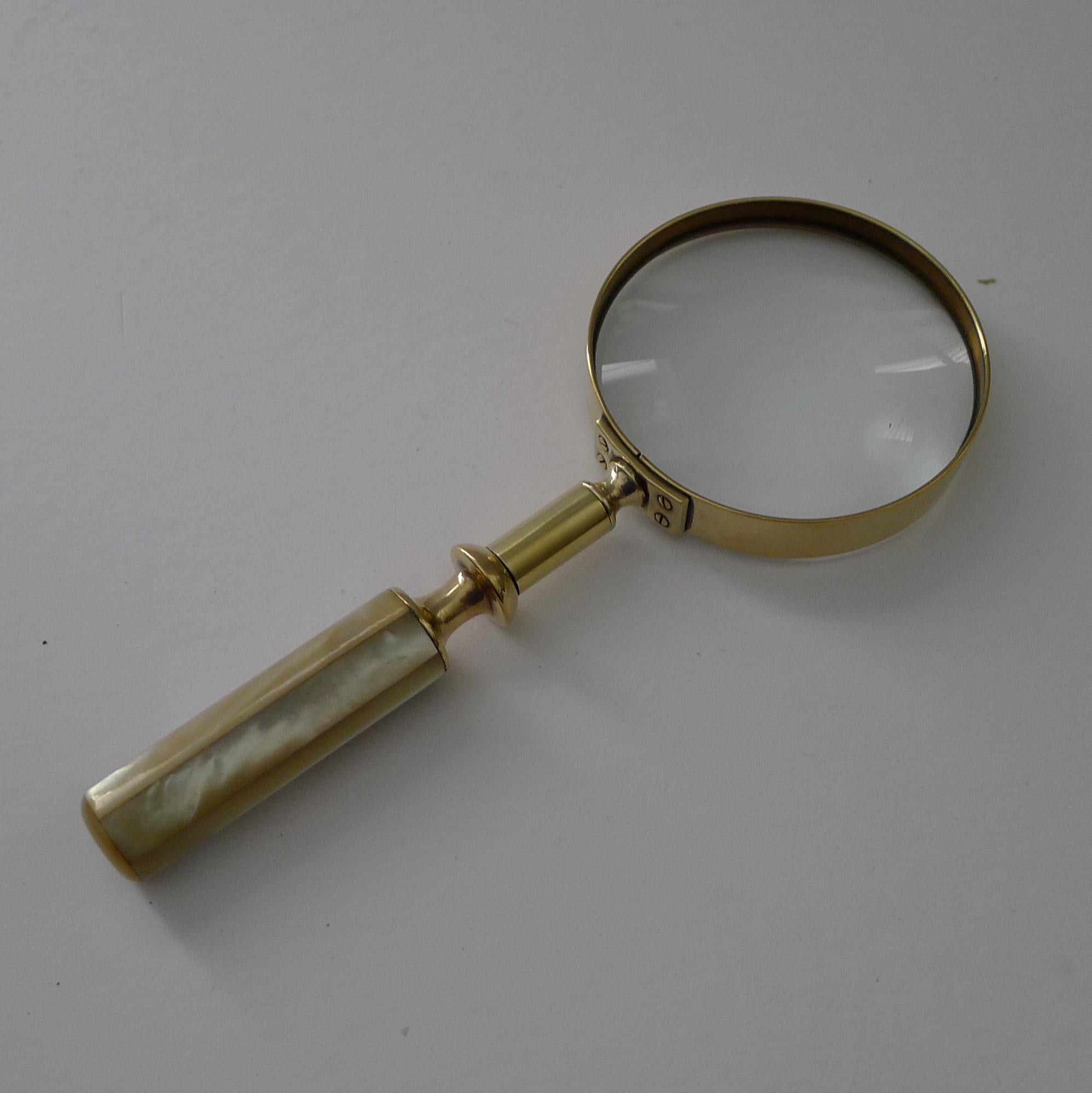 British Fine Quality Antique English Brass and Mother of Pearl Magnifying Glass c.1890
