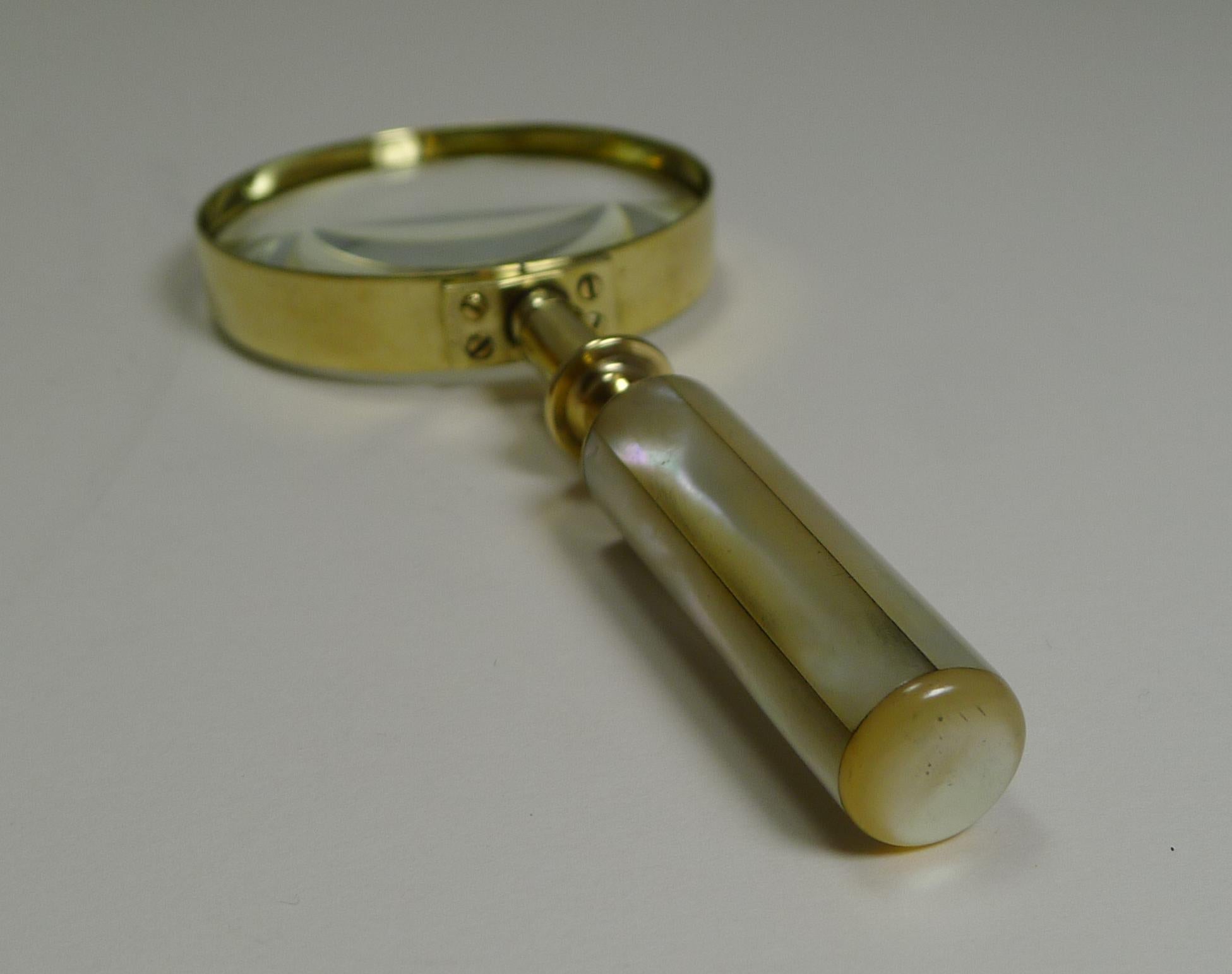 Late Victorian Fine Quality Antique English Brass and Mother of Pearl Magnifying Glass