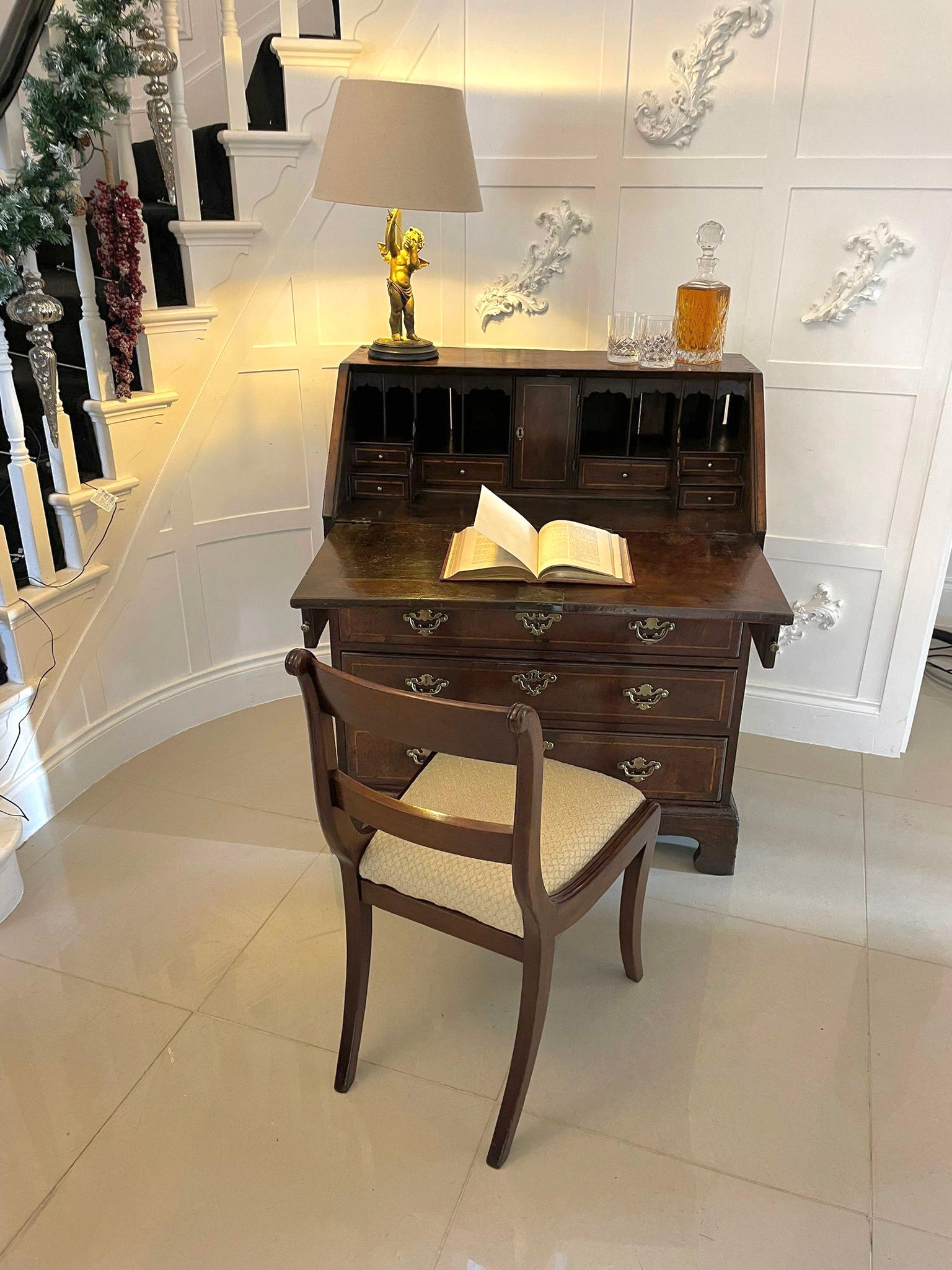 English Fine Quality Antique George I Figured Walnut Bureau with Original Handles For Sale