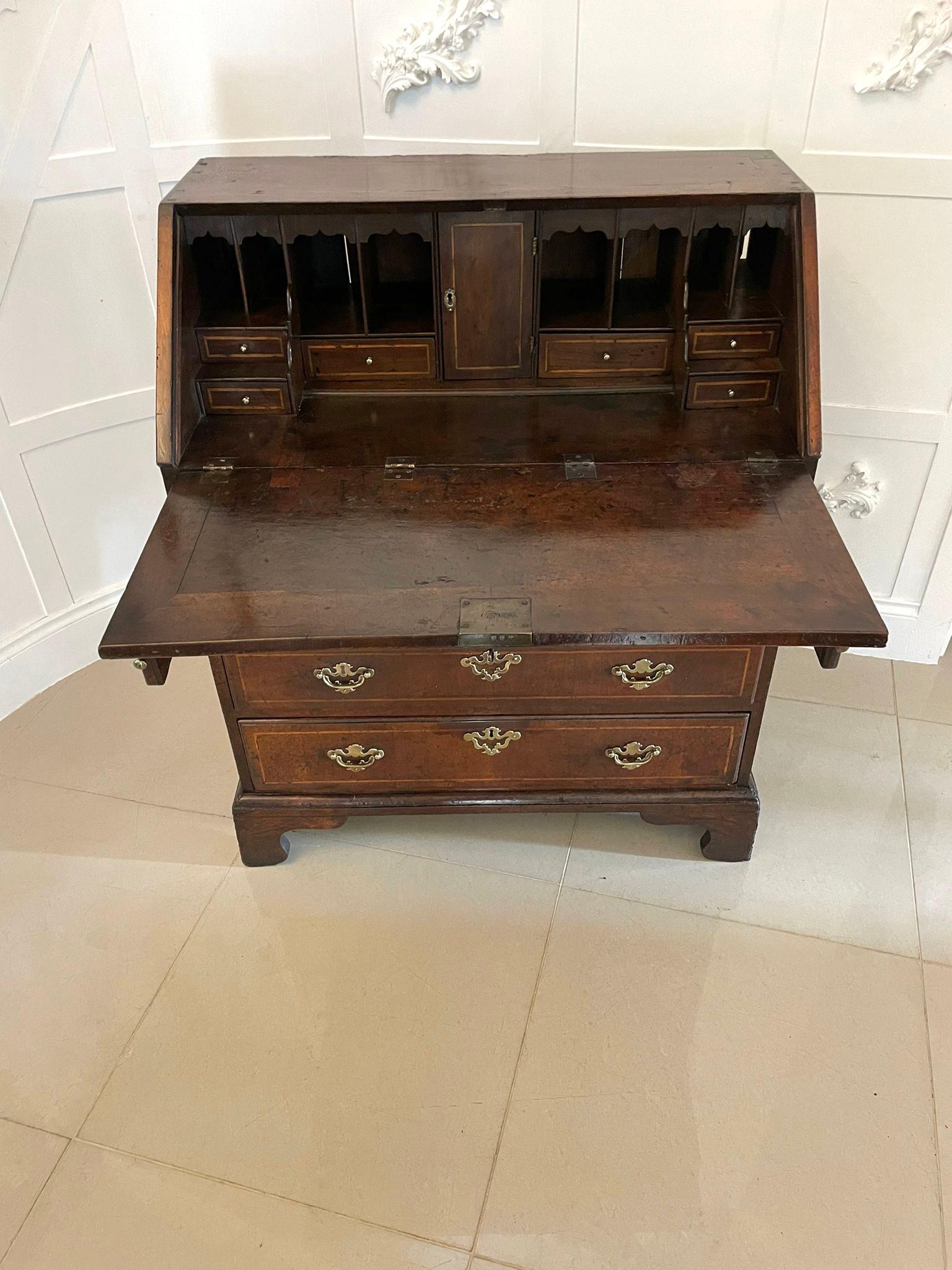 18th Century and Earlier Fine Quality Antique George I Figured Walnut Bureau with Original Handles For Sale