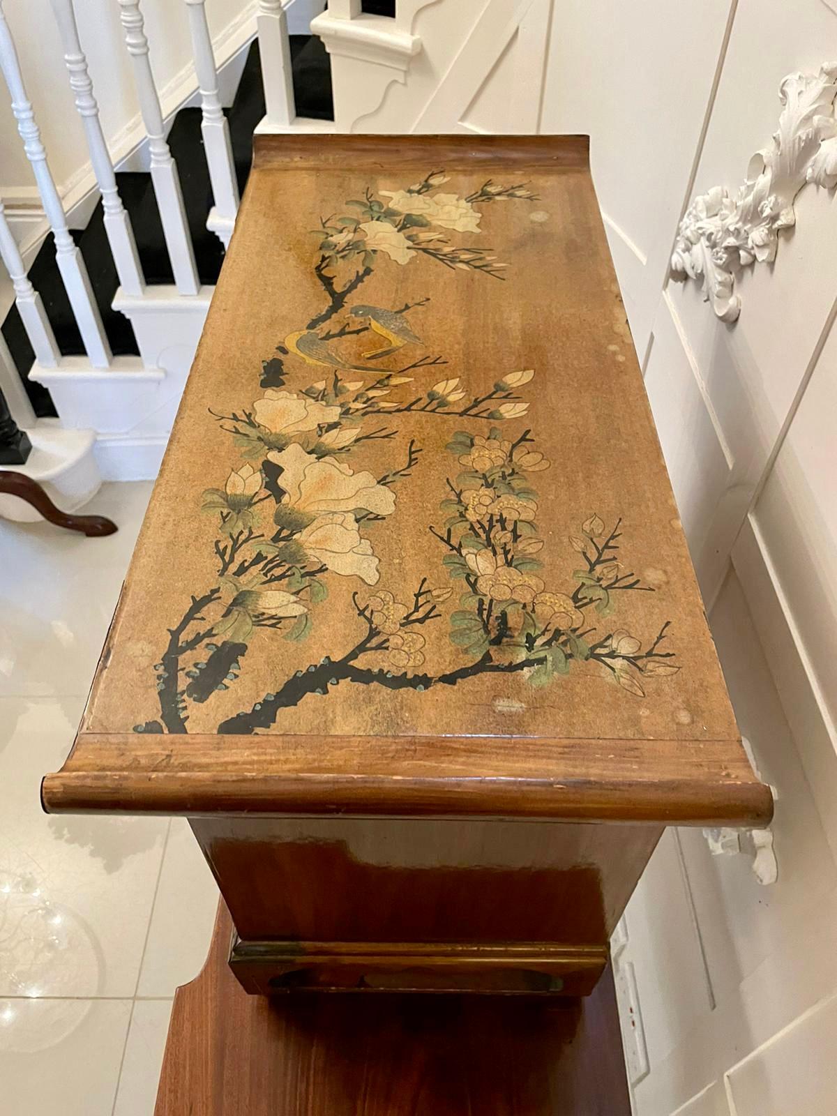 Fine quality antique Japanese floral decorated table cabinet having brass metal mounts, two frieze drawers, double cupboard doors to the centre, two drawers and recesses raised on shaped feet.

A quaint piece decorated with birds and Japanese