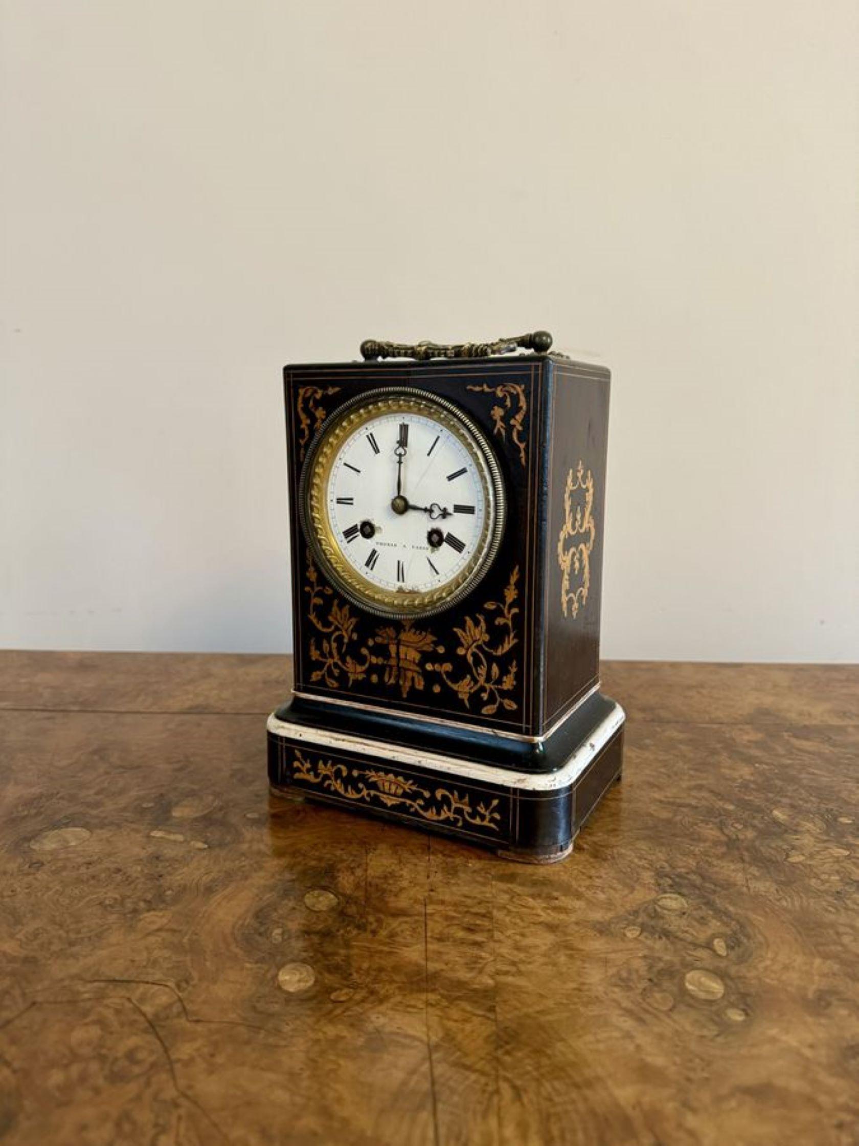 19th Century Fine quality antique marquetry inlaid mantle clock by Thomas A Paris For Sale