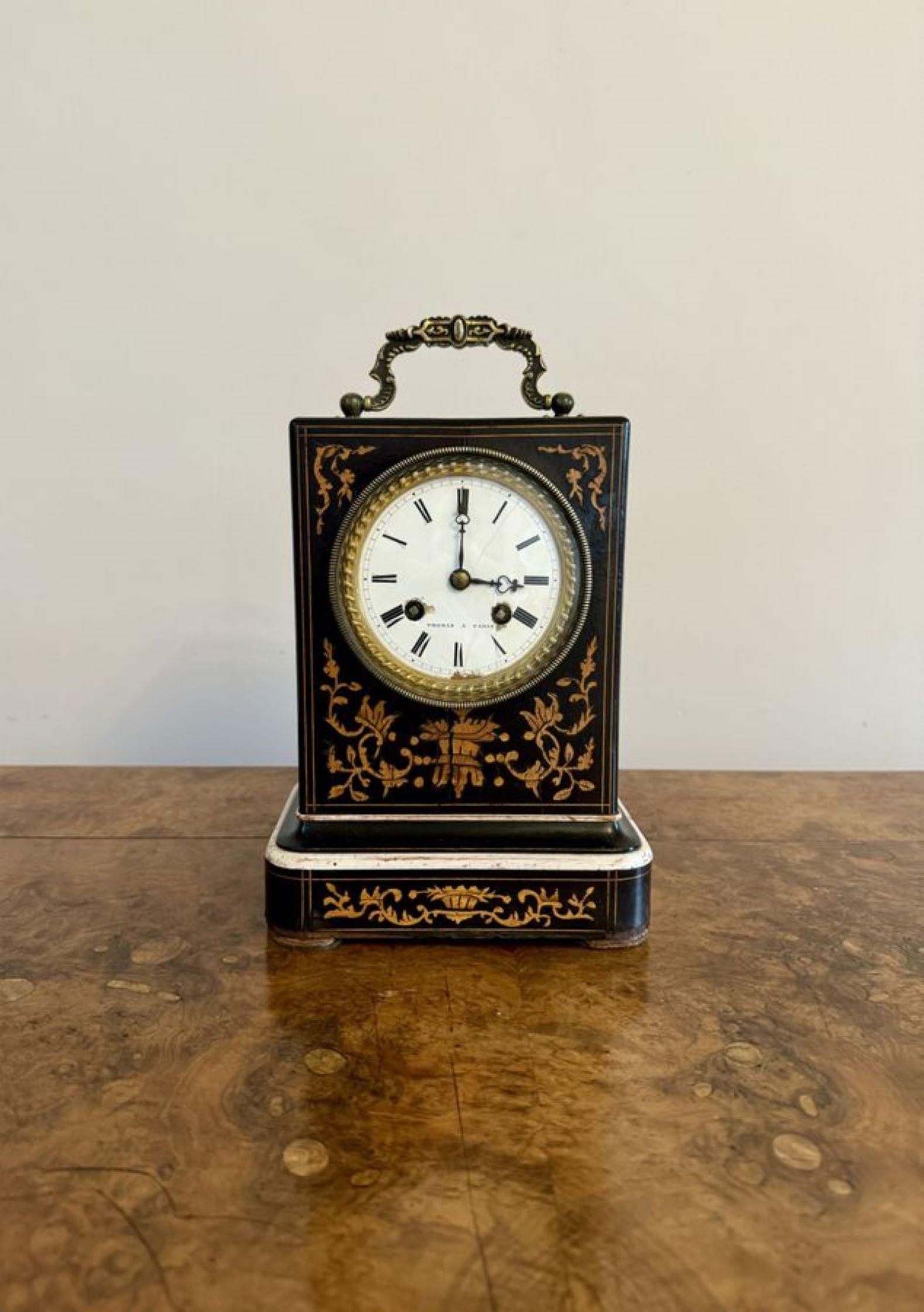 Fine quality antique marquetry inlaid mantle clock by Thomas A Paris For Sale 1