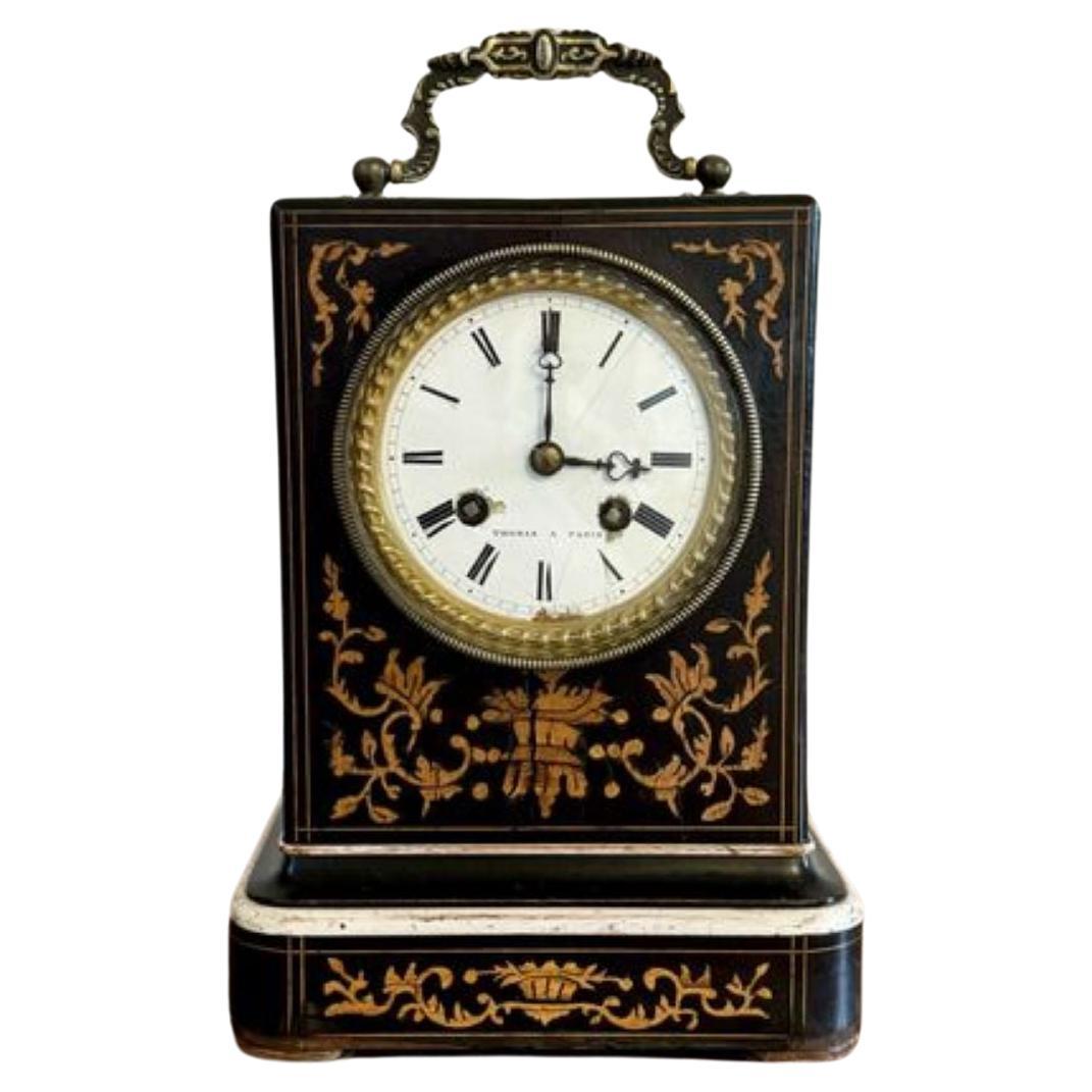 Fine quality antique marquetry inlaid mantle clock by Thomas A Paris For Sale