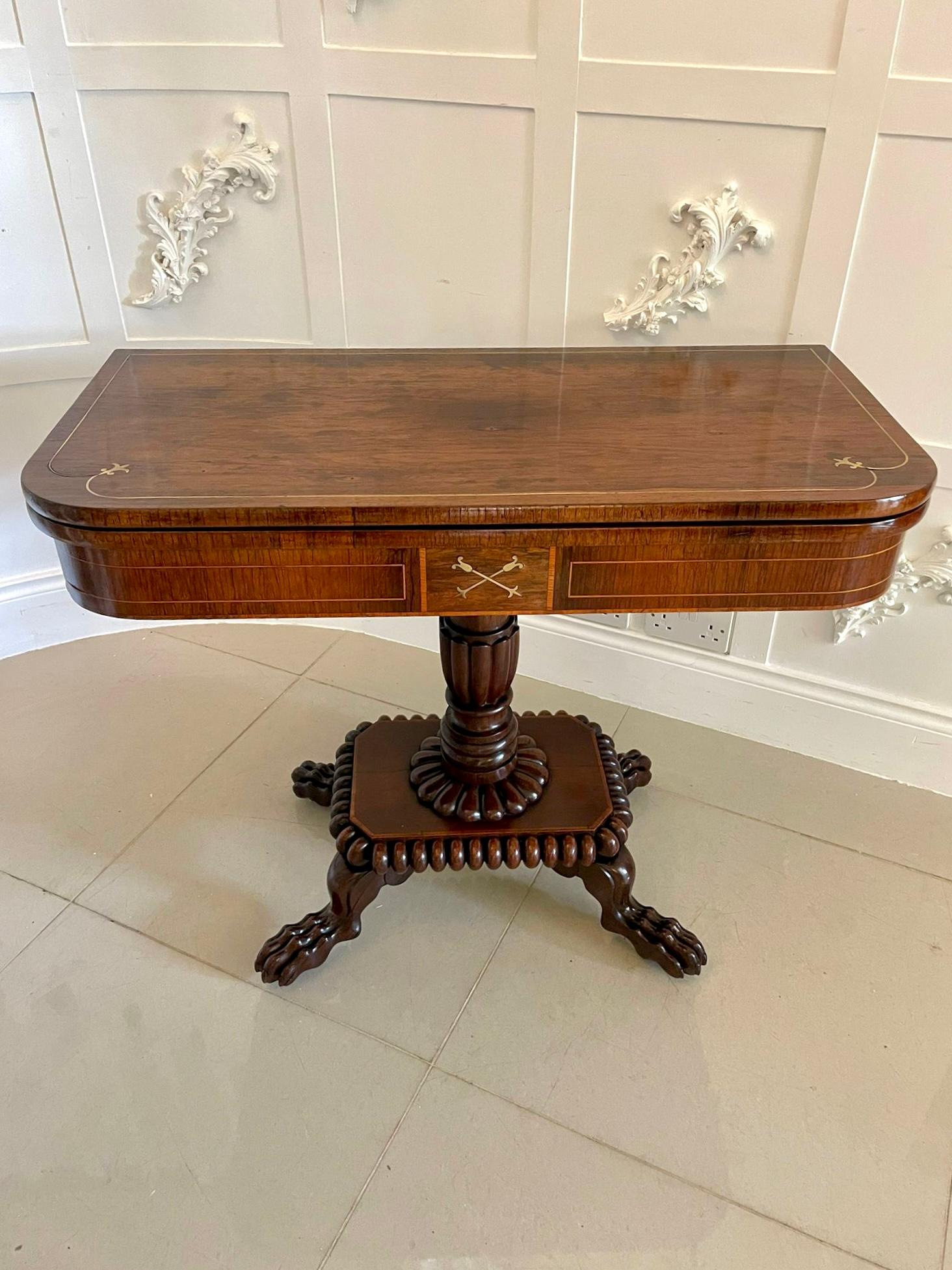 English Fine Quality Antique Regency Carved Rosewood Brass Inlaid Card/Side Table For Sale