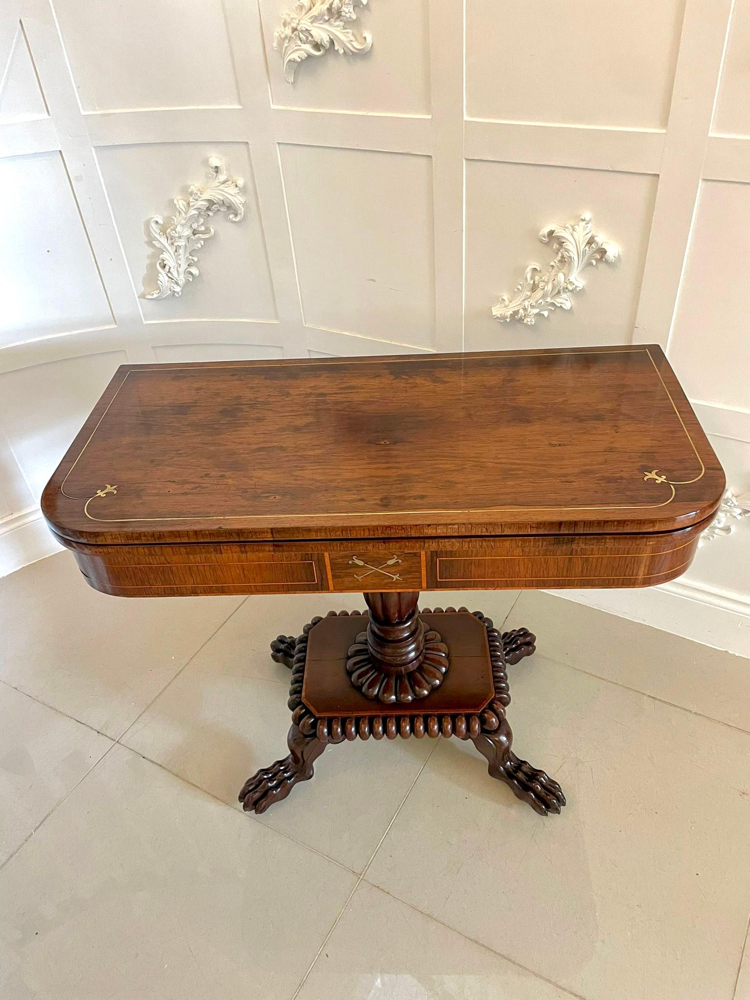 19th Century Fine Quality Antique Regency Carved Rosewood Brass Inlaid Card/Side Table For Sale