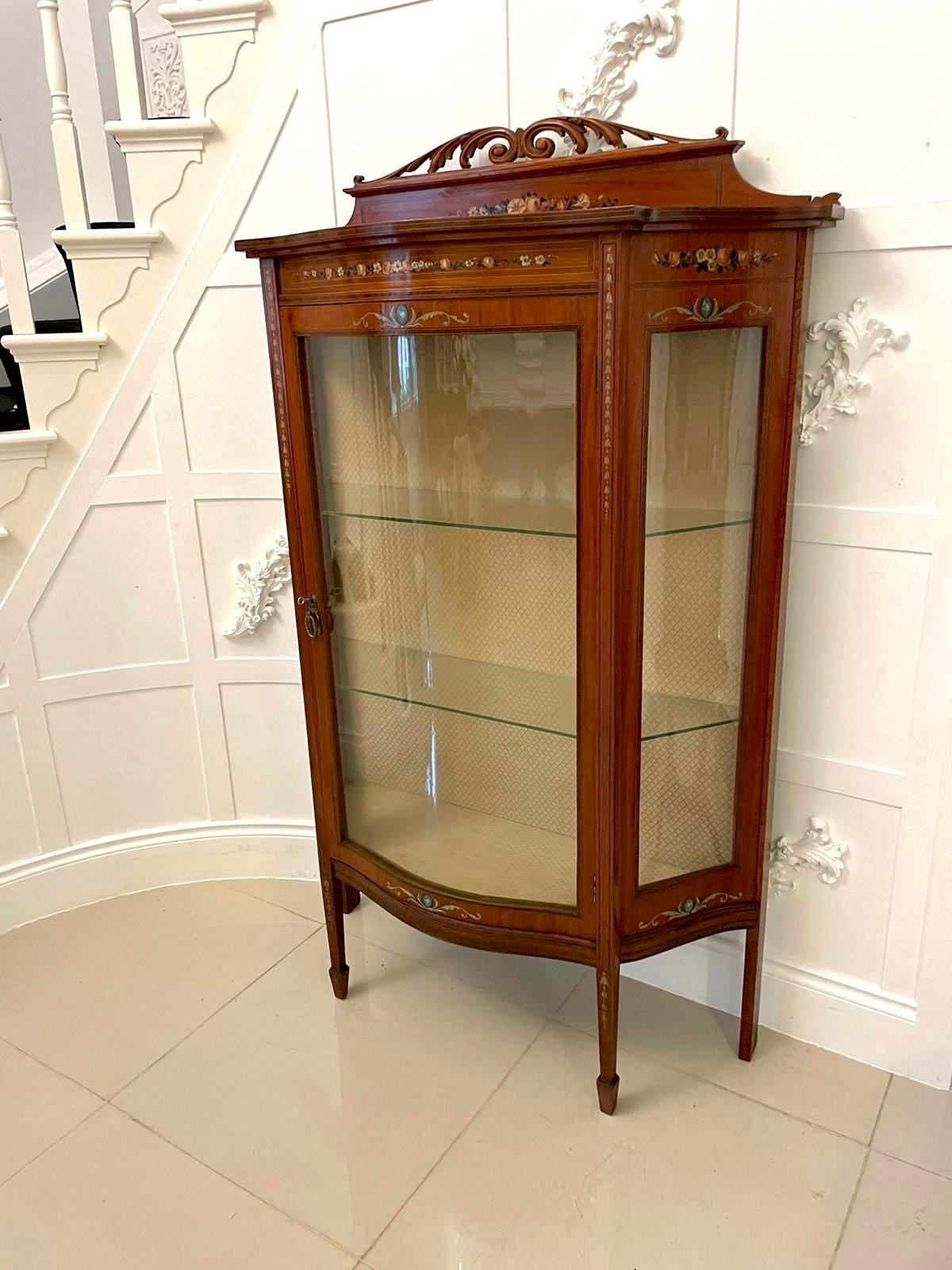 Victorian Fine Quality Antique Satinwood Display Cabinet with Original Painted Decoration For Sale