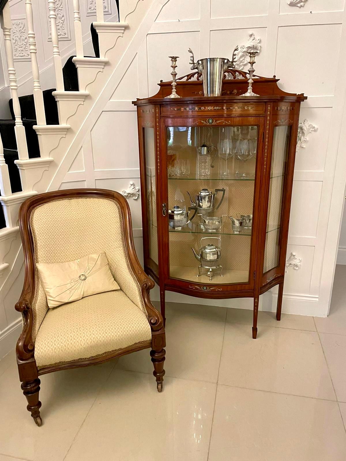 English Fine Quality Antique Satinwood Display Cabinet with Original Painted Decoration For Sale
