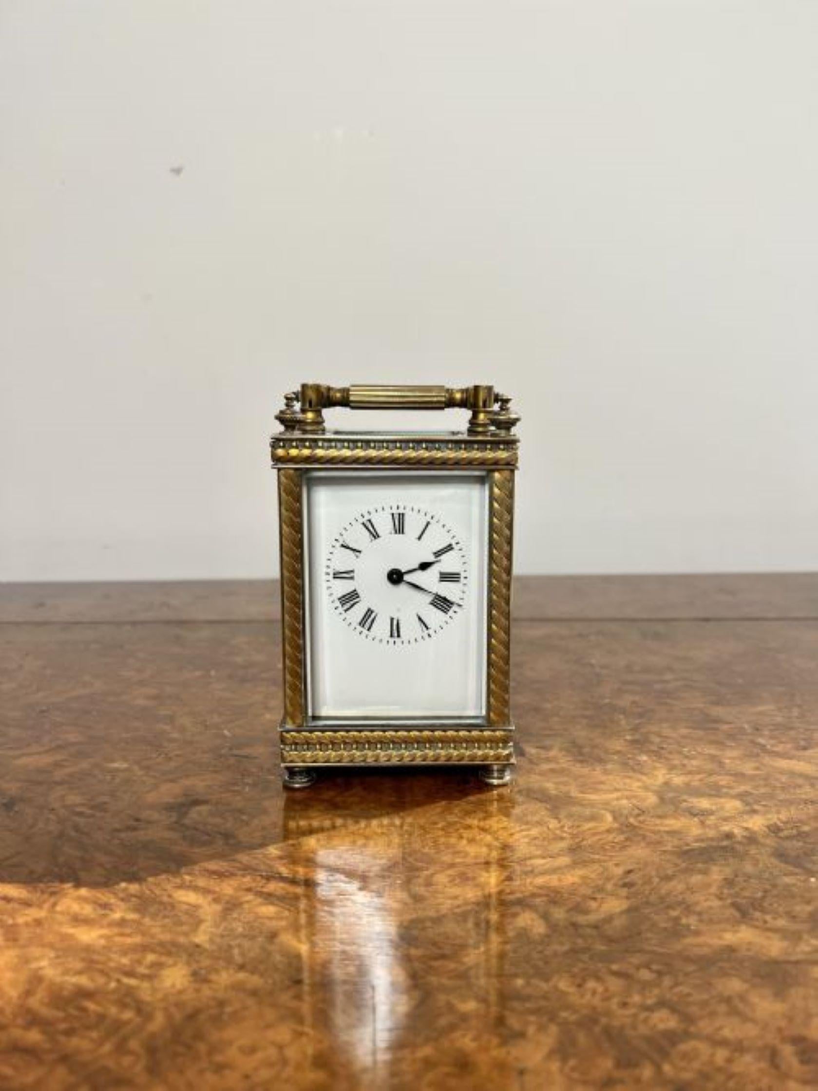 Fine quality antique Victorian brass carriage clock having a fine quality Victorian carriage clock with an eight day French movemenT, a rope twist brass case with a bevelled edge and glass panels.
Please note all of our clocks are serviced prior to