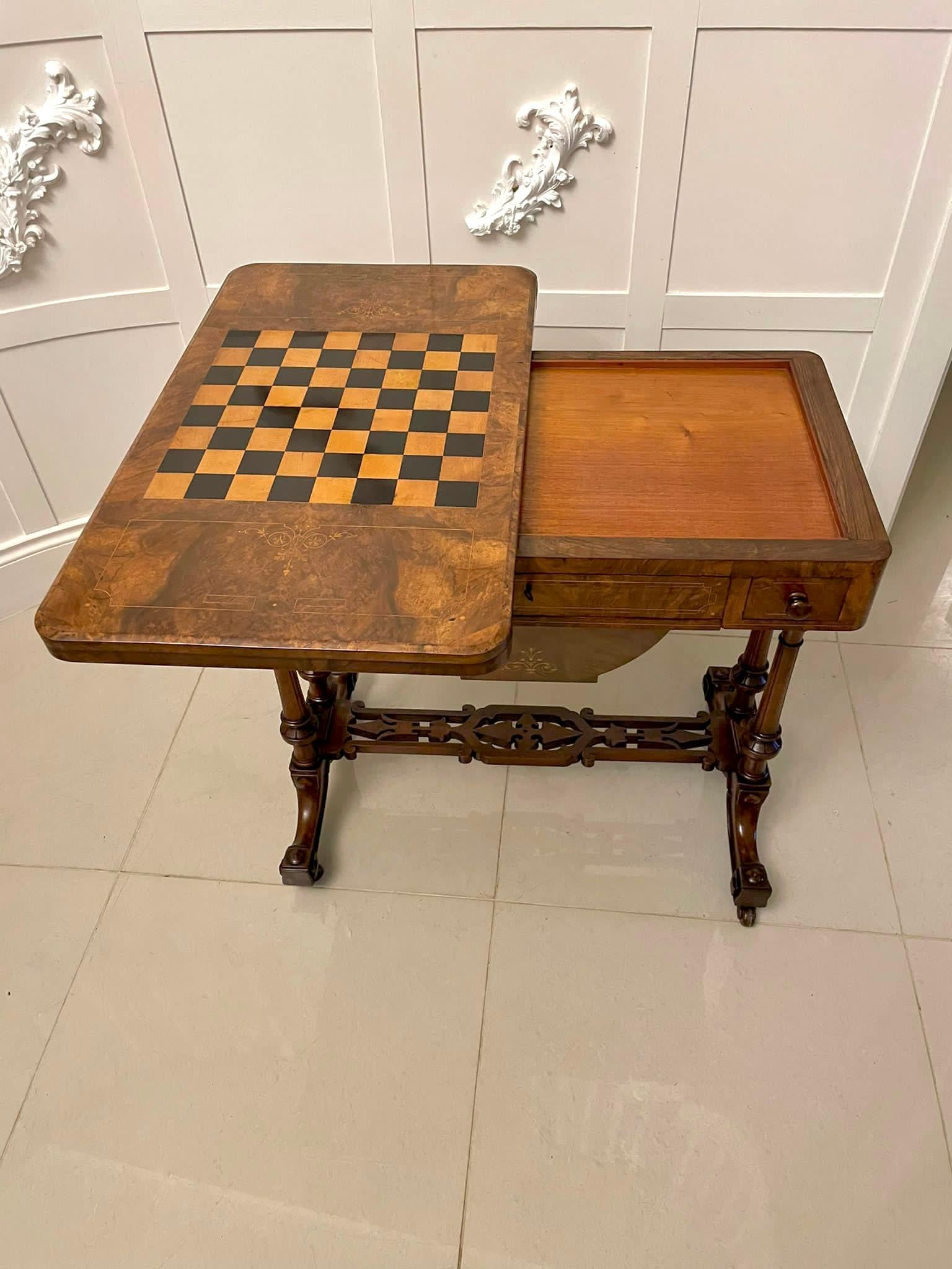 Fine Quality Antique Victorian Burr Walnut Inlaid Games Table For Sale 10