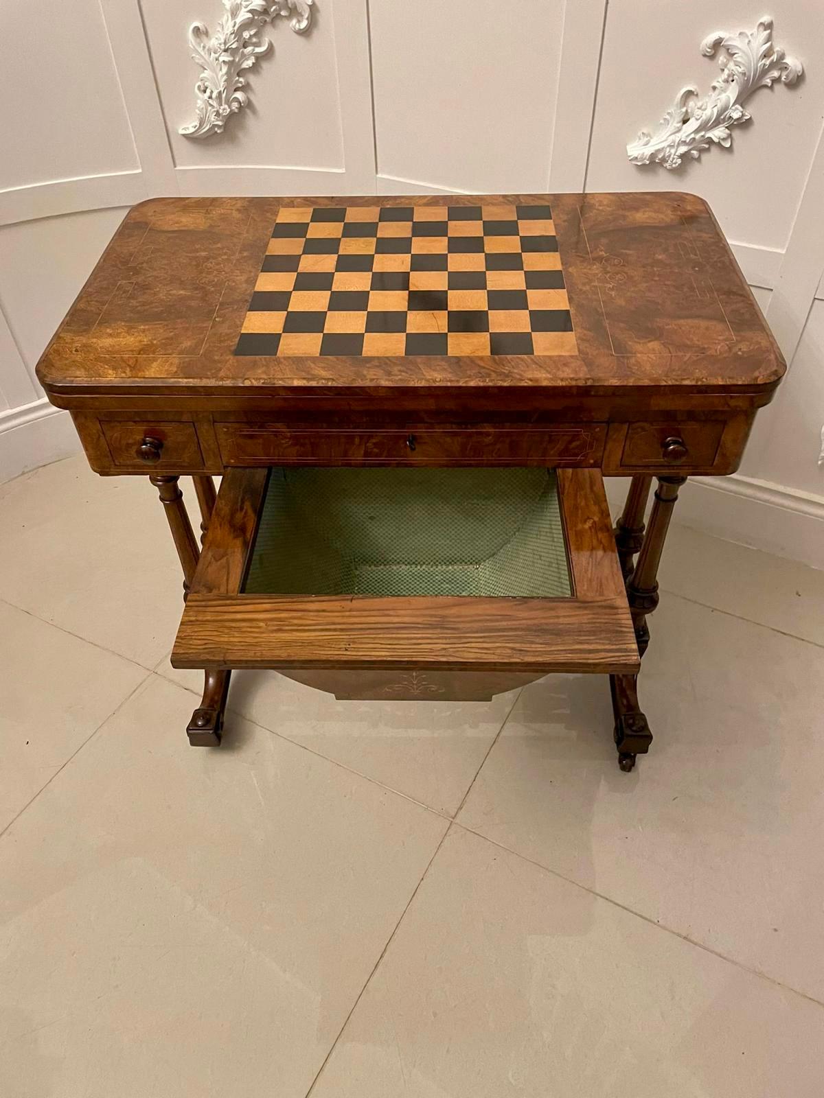 Mid-19th Century Fine Quality Antique Victorian Burr Walnut Inlaid Games Table For Sale