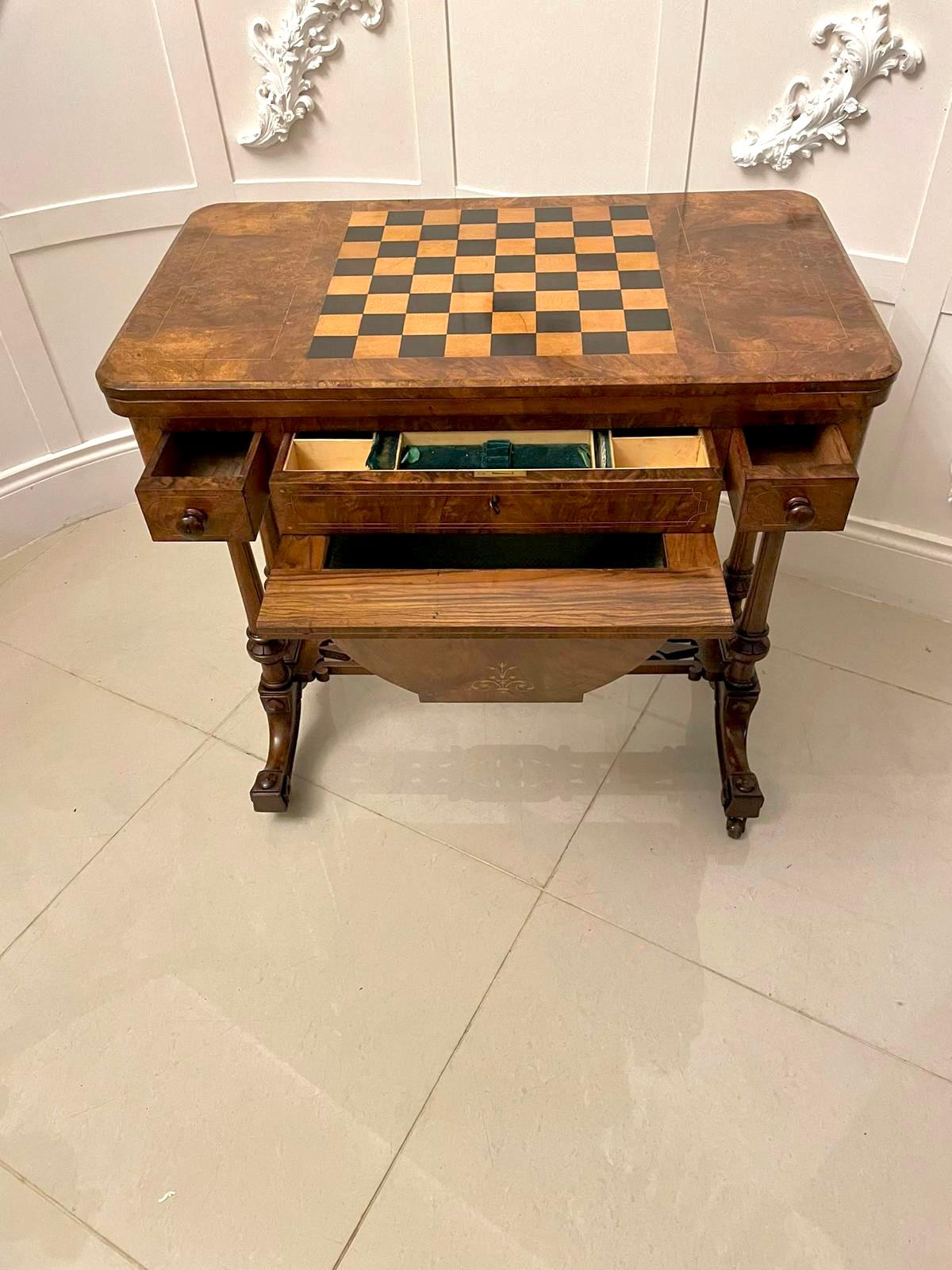Fine Quality Antique Victorian Burr Walnut Inlaid Games Table For Sale 1