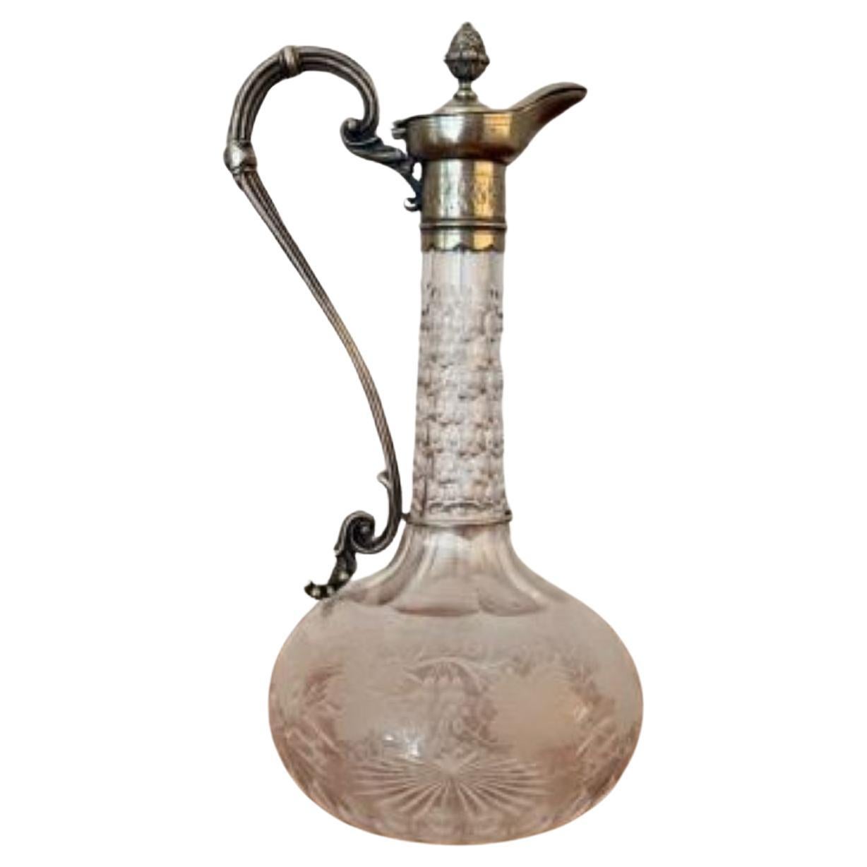 Fine quality antique Victorian etched glass silver plate claret jug