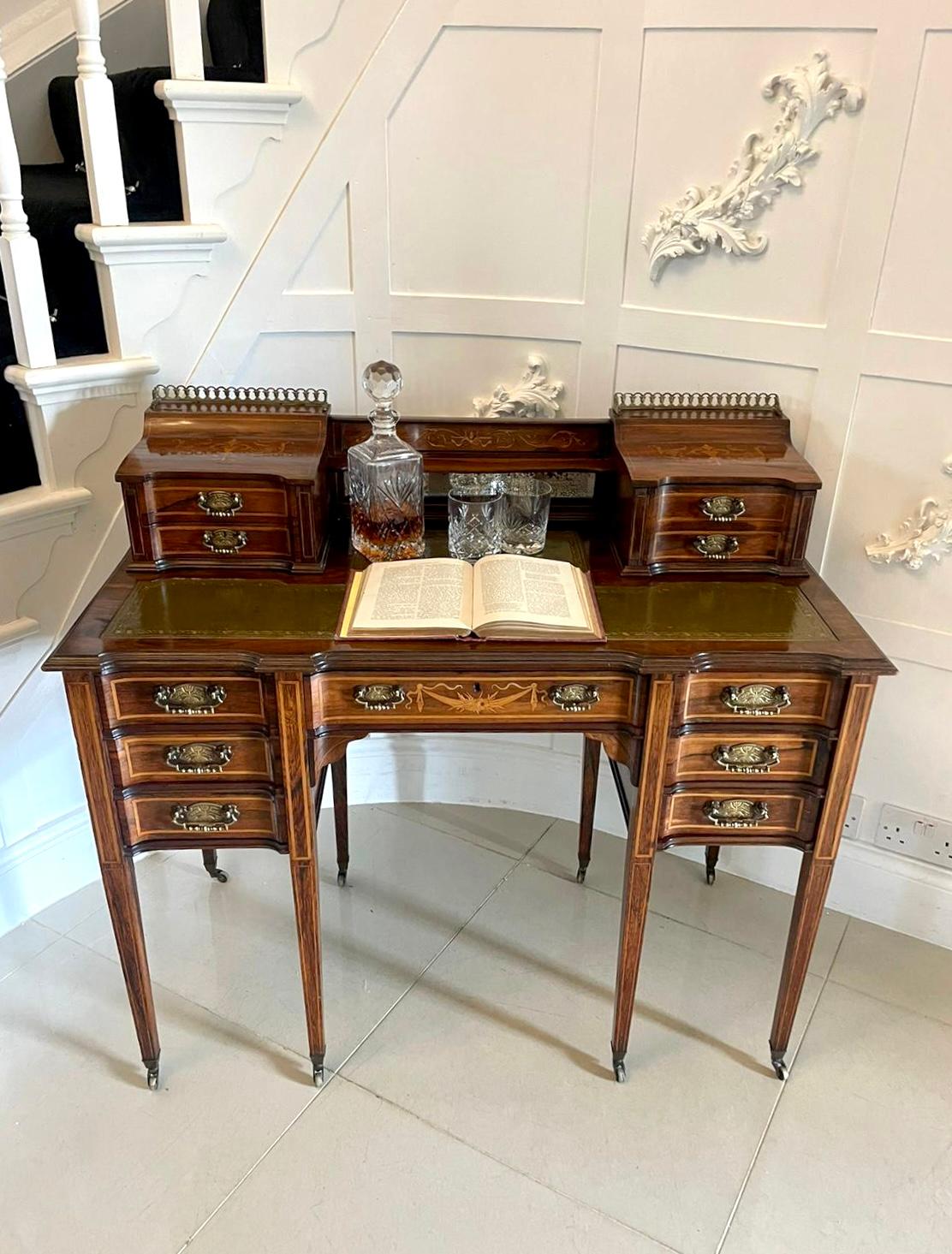 Fine Quality Antique Victorian Freestanding Maple & Co. Inlaid Writing Desk For Sale 6