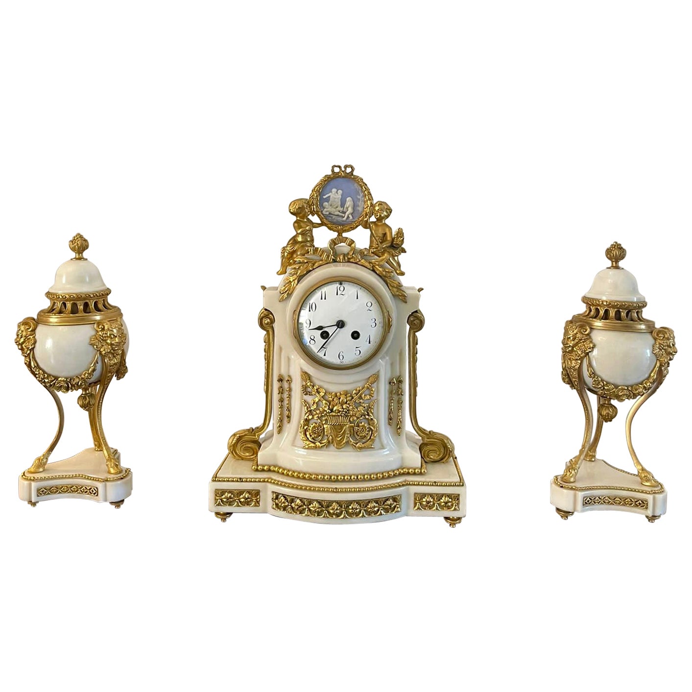 Fine Quality Antique Victorian French Marble and Ormolu Mounted Clock Set