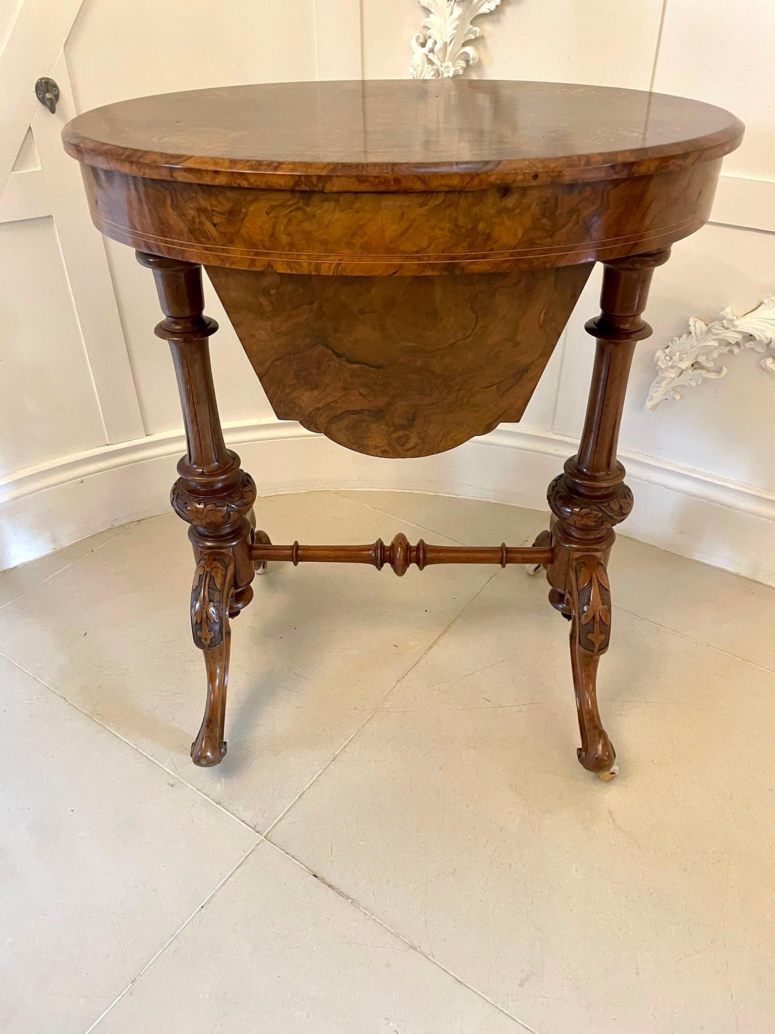 Early Victorian Fine Quality Antique Victorian Inlaid Burr Walnut Oval Work Table