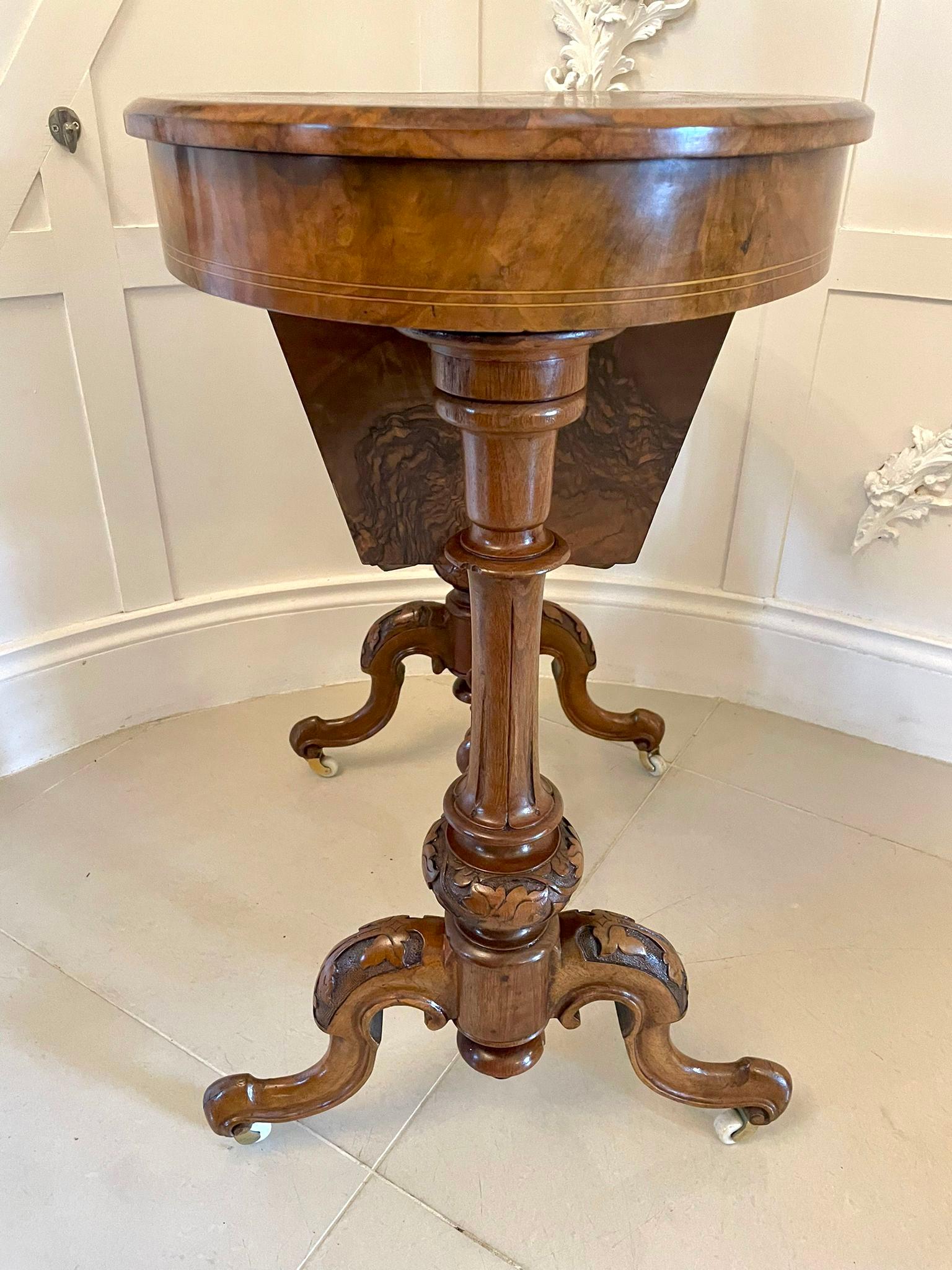 English Fine Quality Antique Victorian Inlaid Burr Walnut Oval Work Table