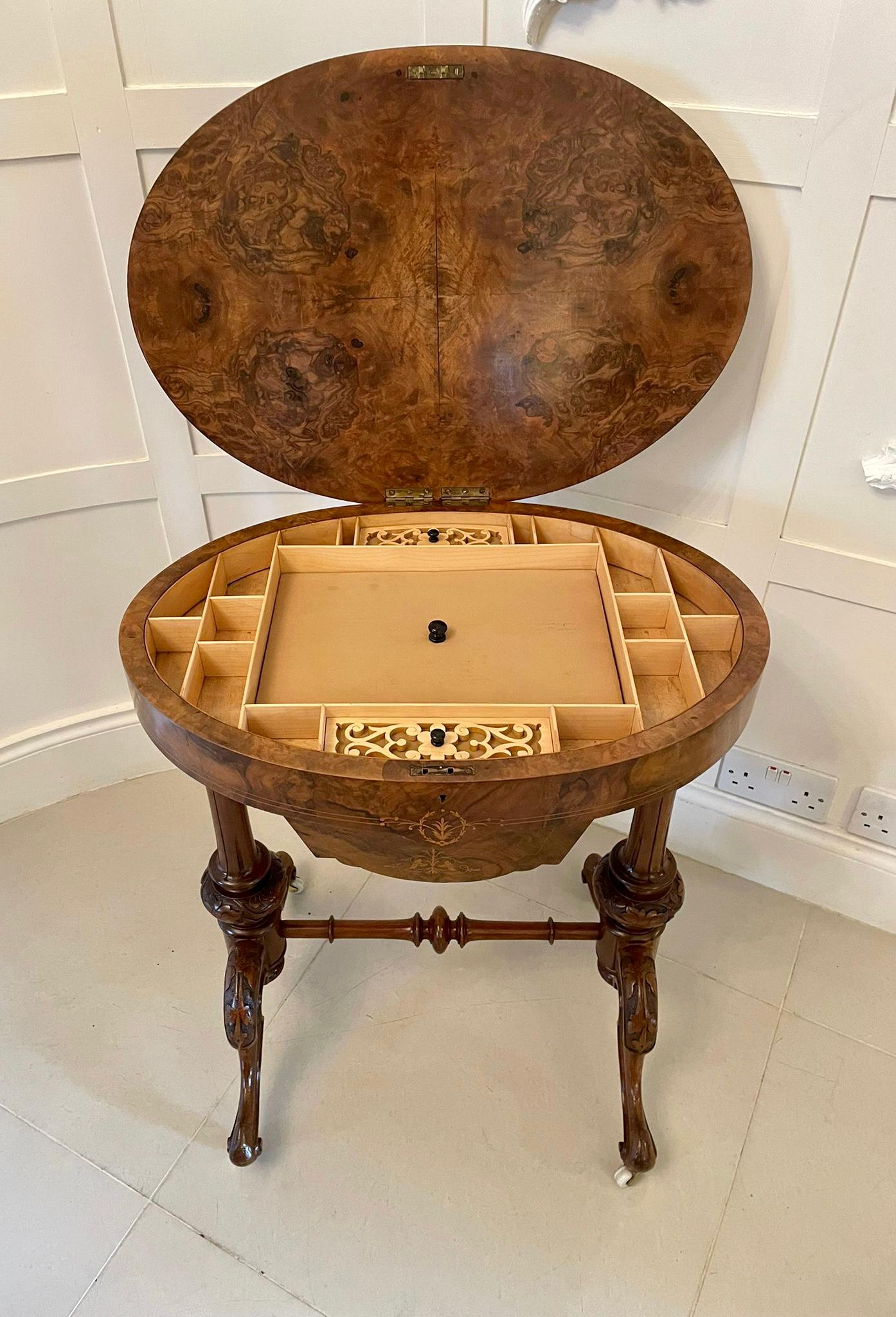 Fine Quality Antique Victorian Inlaid Burr Walnut Oval Work Table In Good Condition In Suffolk, GB