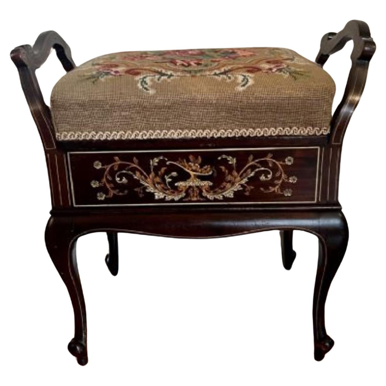 Fine quality antique Victorian mahogany inlaid freestanding piano stool