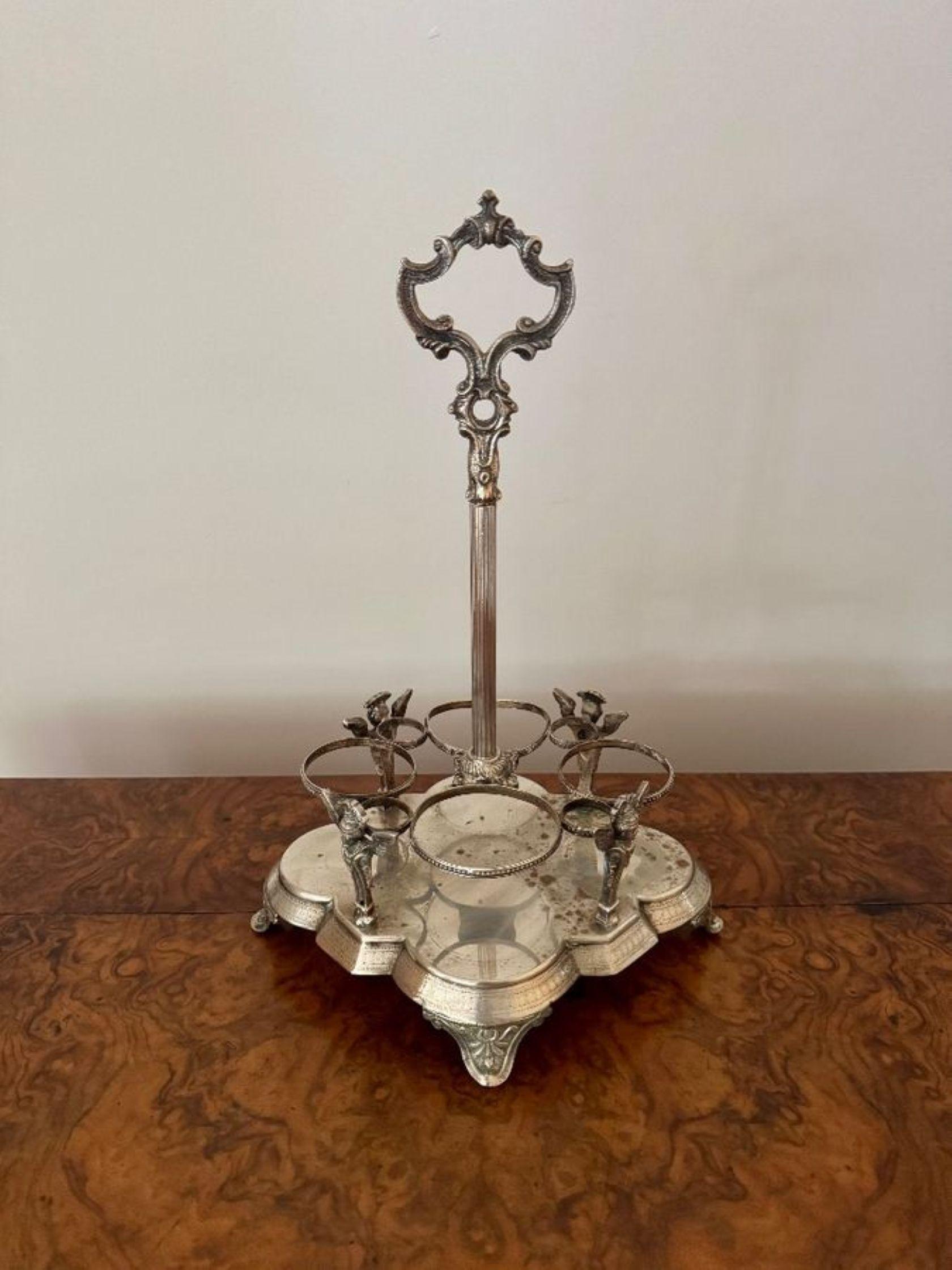 Etched Fine quality antique Victorian ornate silver plated cruet set For Sale