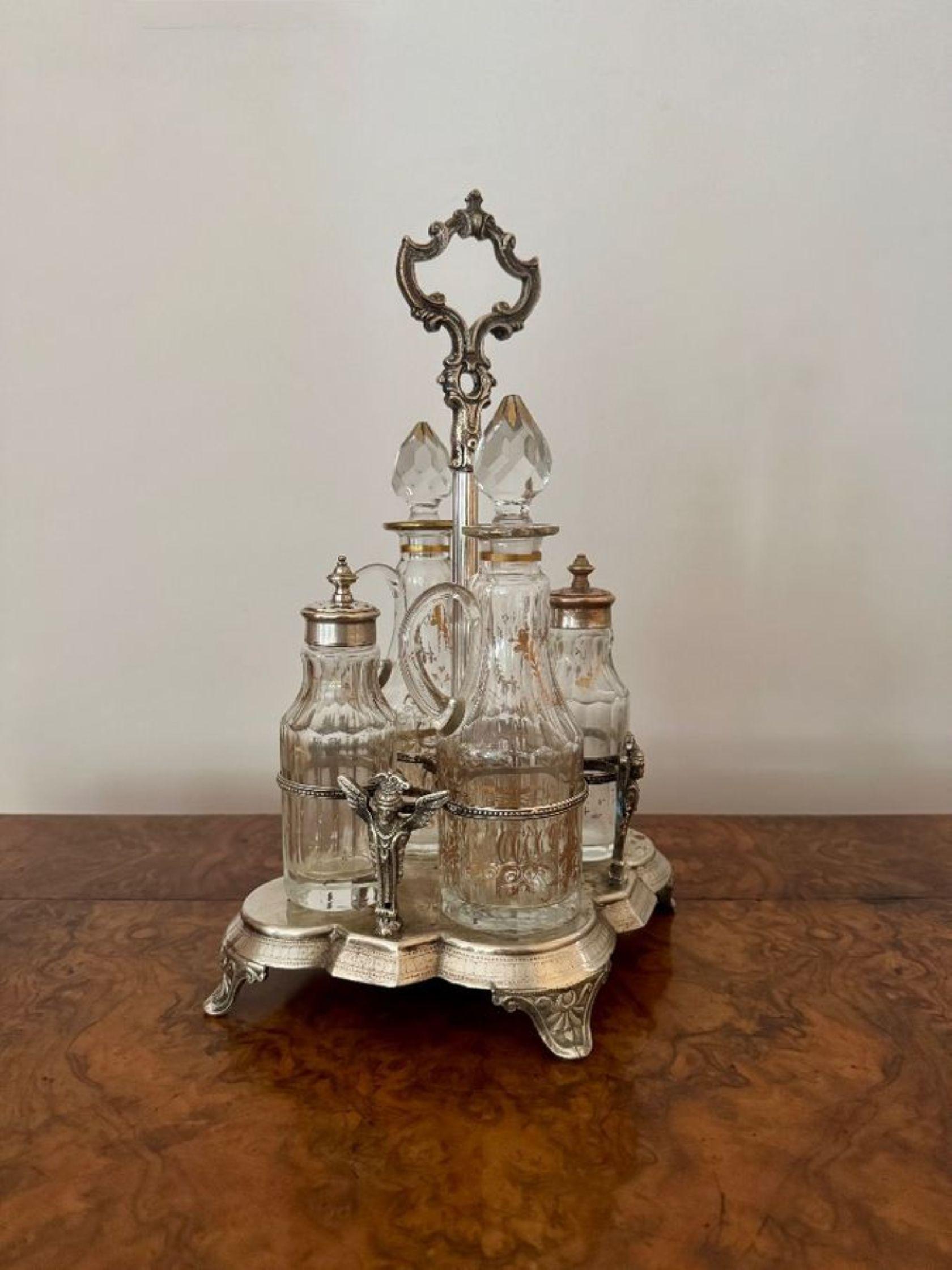 19th Century Fine quality antique Victorian ornate silver plated cruet set For Sale