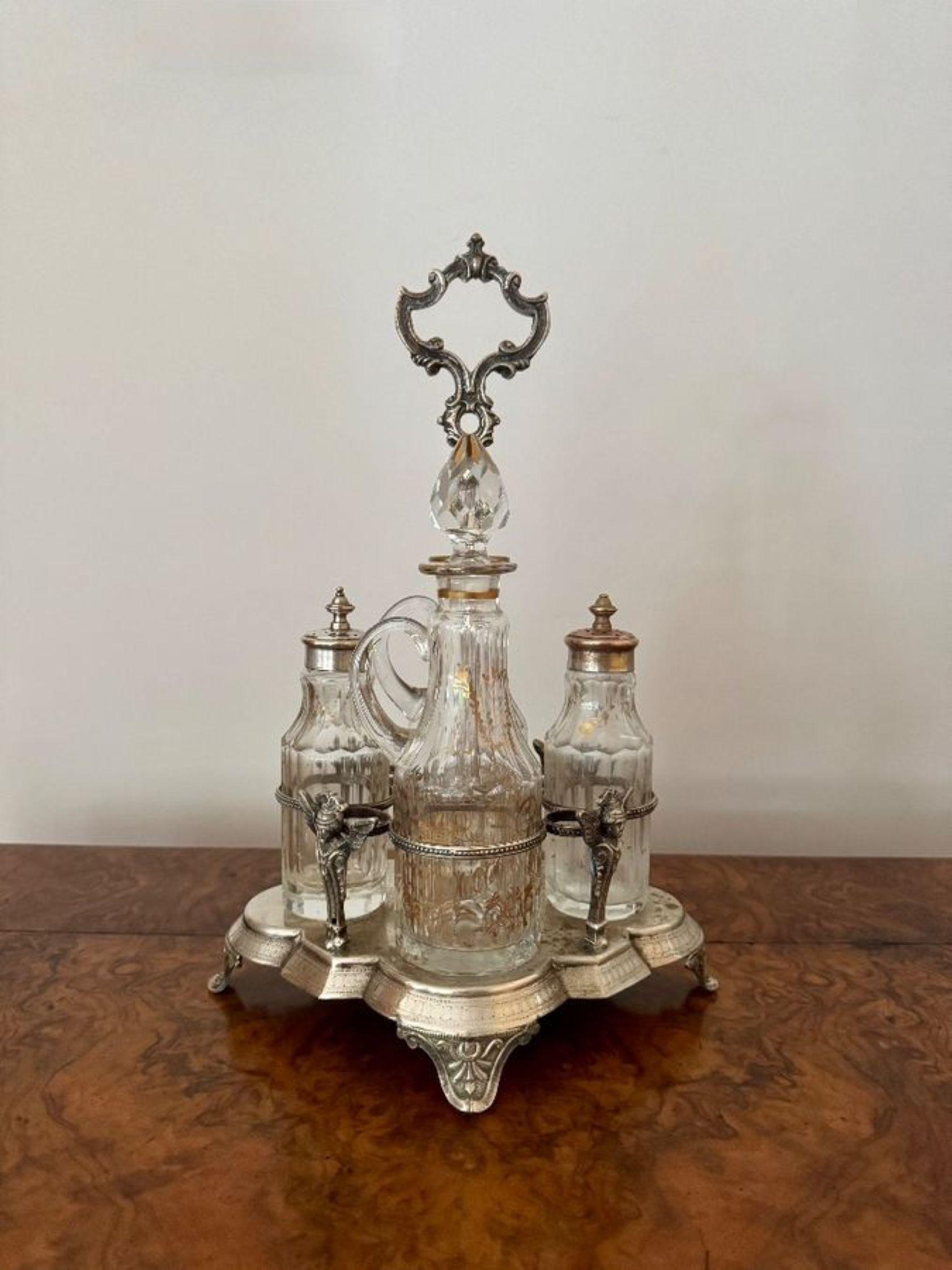 Silver Plate Fine quality antique Victorian ornate silver plated cruet set For Sale