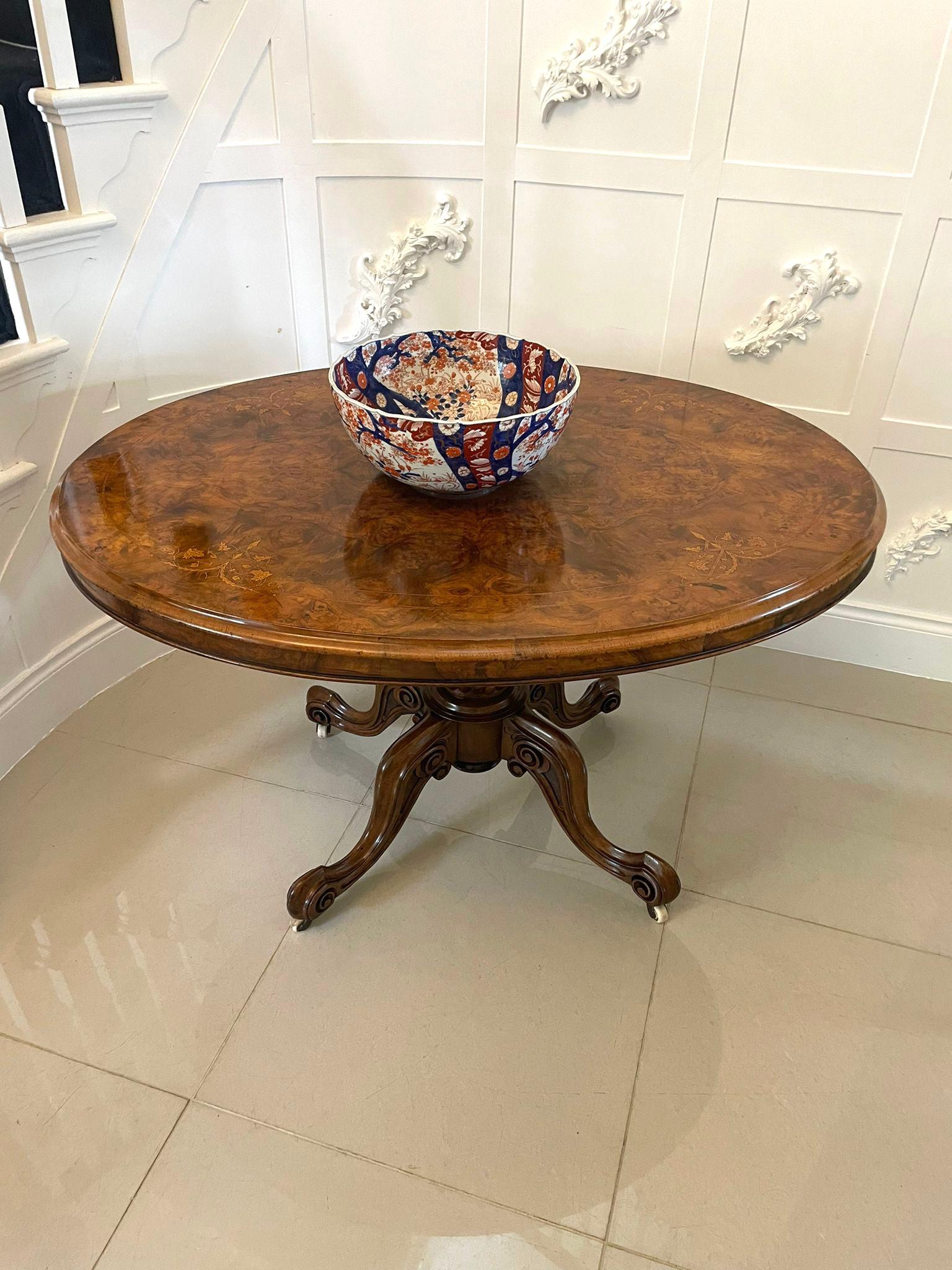 English Fine Quality Antique Victorian Oval Inlaid Burr Walnut Centre Table