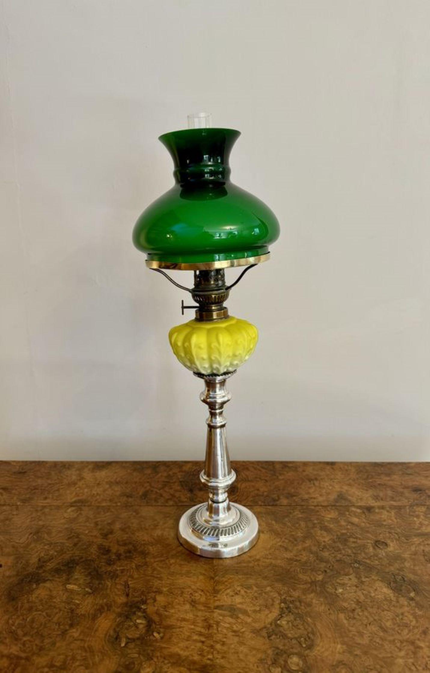 Early Victorian Fine quality antique Victorian silver plated and satin glass peg oil lamp For Sale