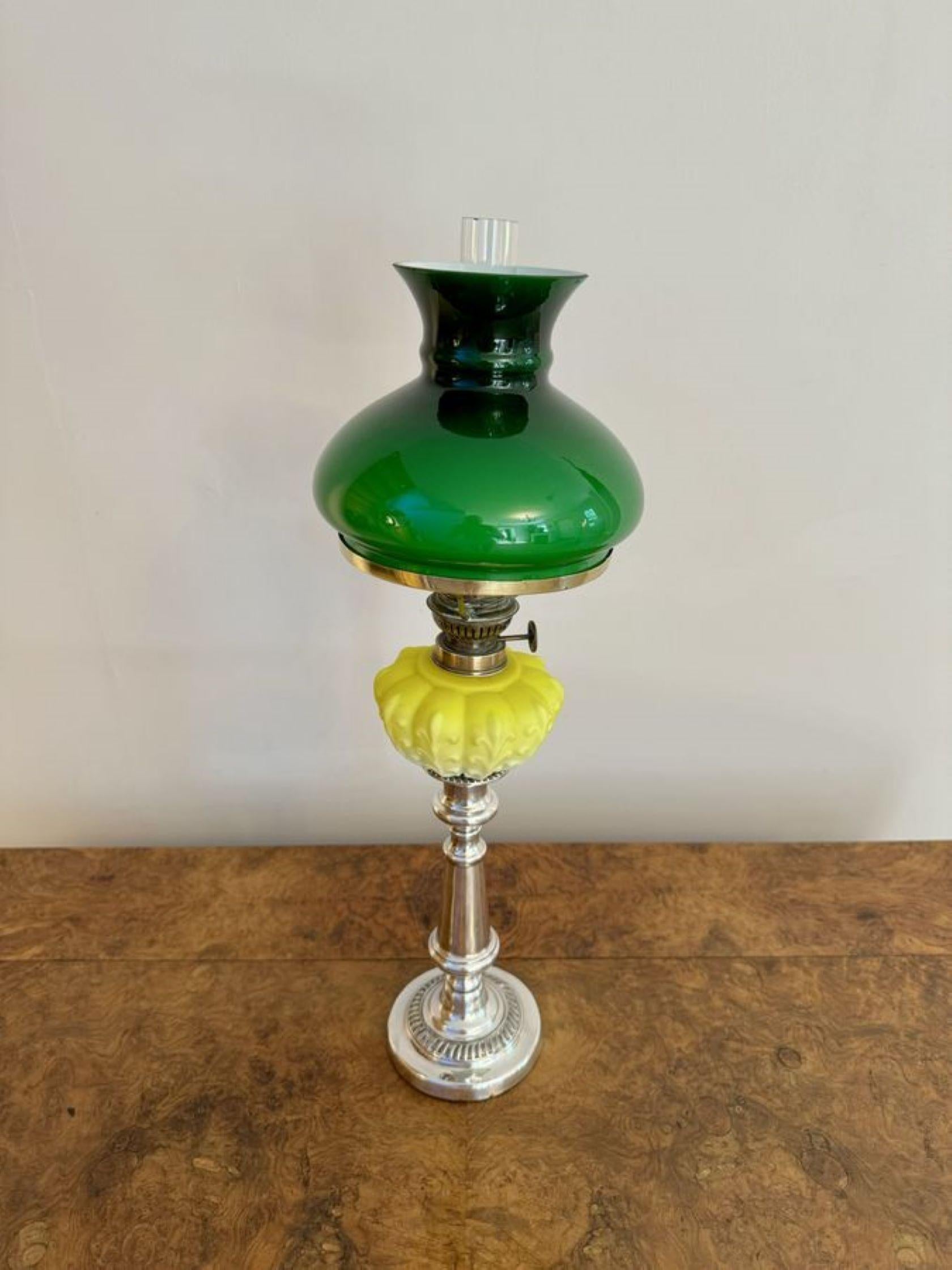 19th Century Fine quality antique Victorian silver plated and satin glass peg oil lamp For Sale