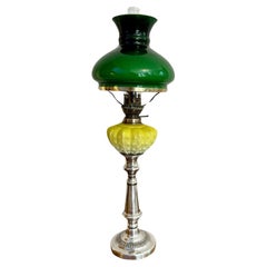 Fine quality antique Victorian silver plated and satin glass peg oil lamp
