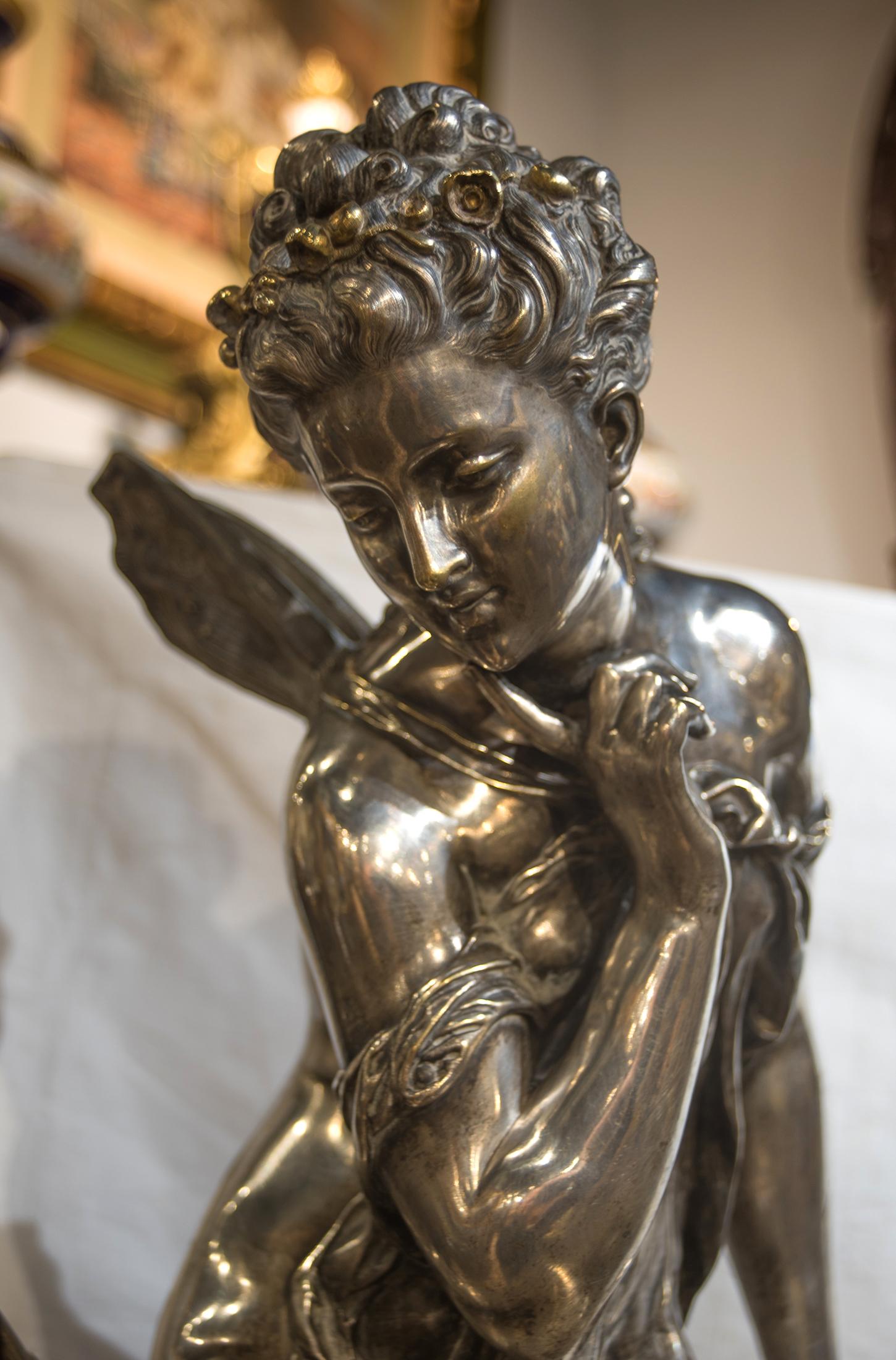 Hochwertige vergoldete und versilberte Bronzefigur der Psyche im Jugendstil (19. Jahrhundert) im Angebot