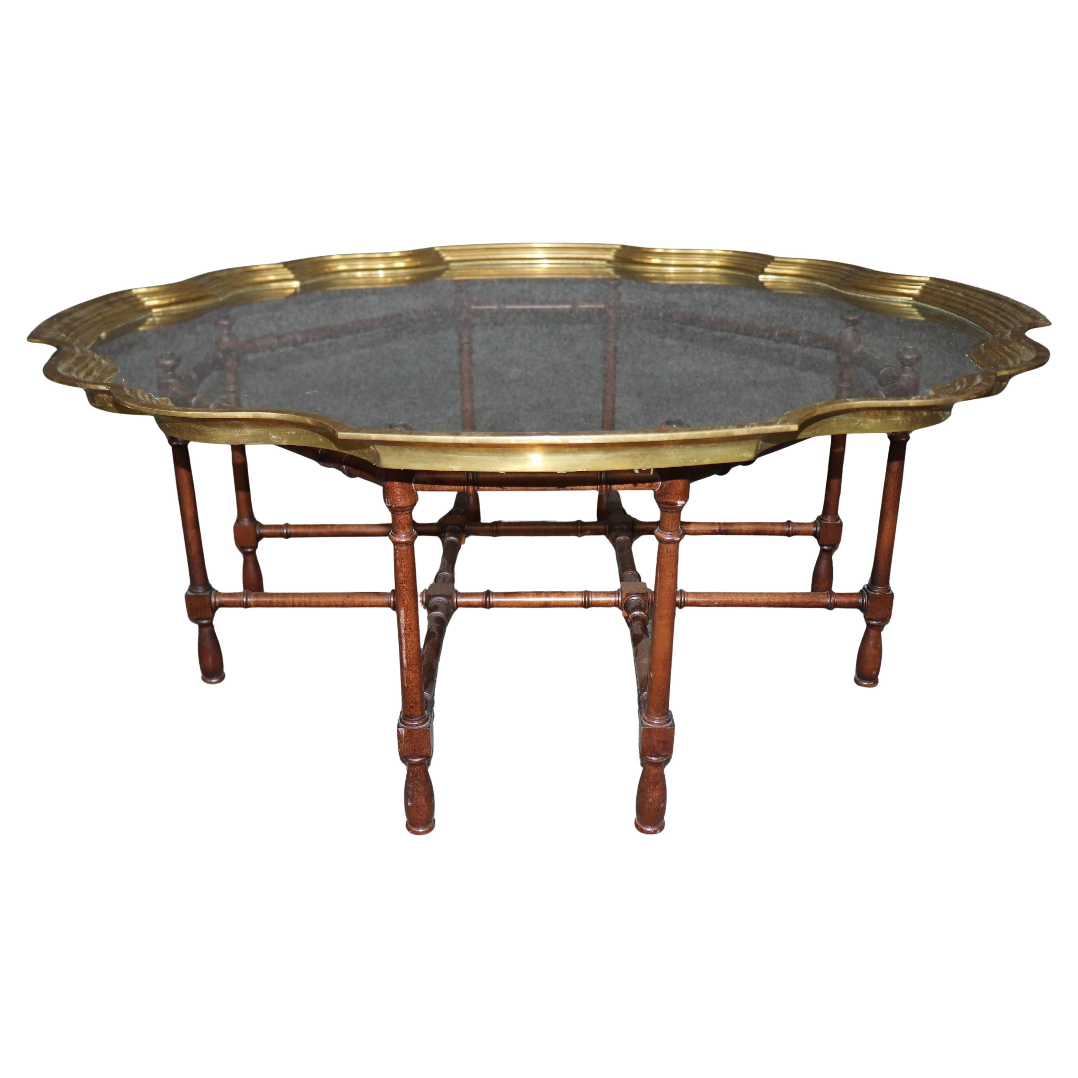 Fine Quality Baker Furniture Brass Tray Top Faux Bamboo Coffee Table For Sale
