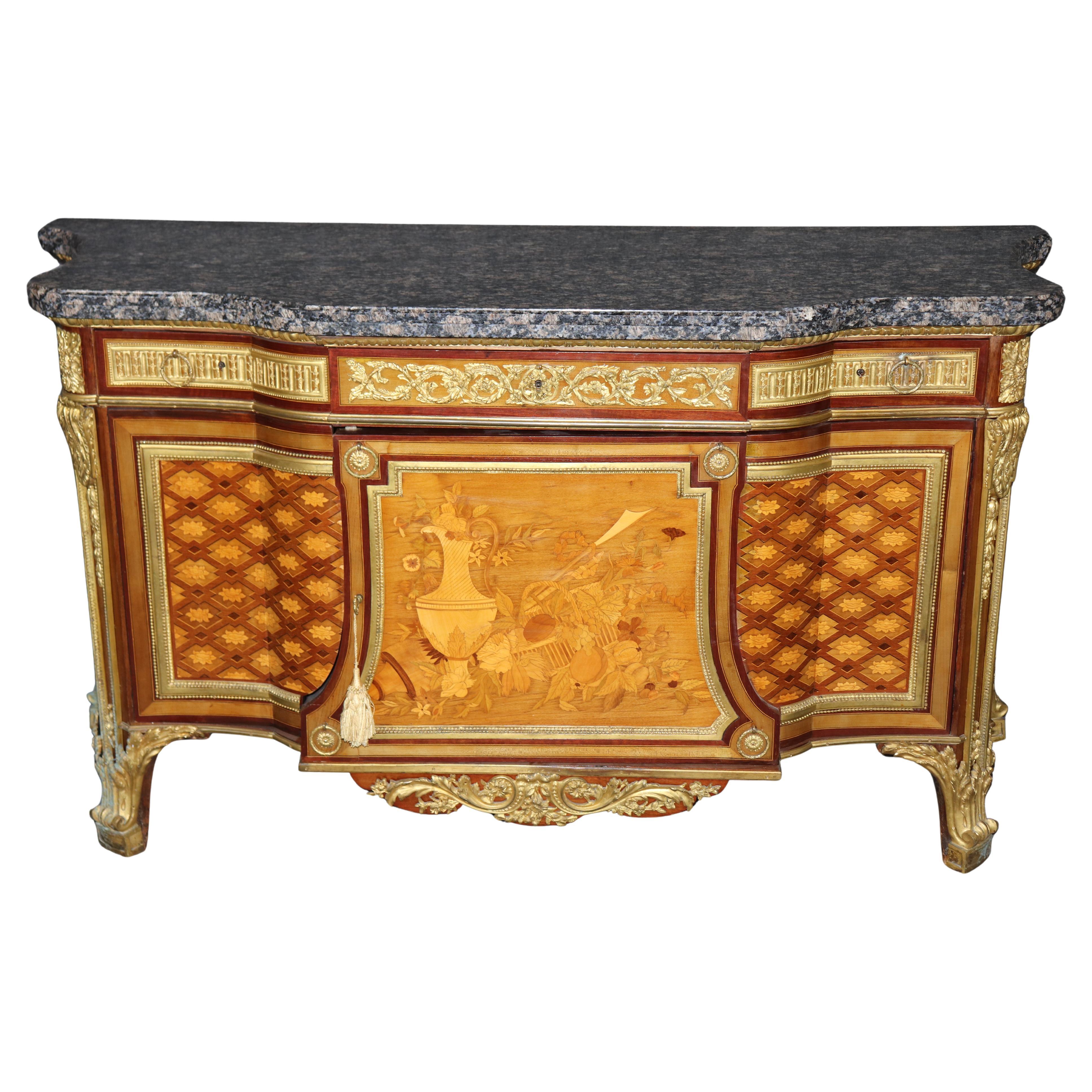 Fine Quality Bronze Mounted Inlaid Marble Top Commode manner Jean Henri Riesner For Sale