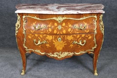 Fine Quality Bronze Mounted Marble Top Inlaid Louis XV Commode Circa 1930