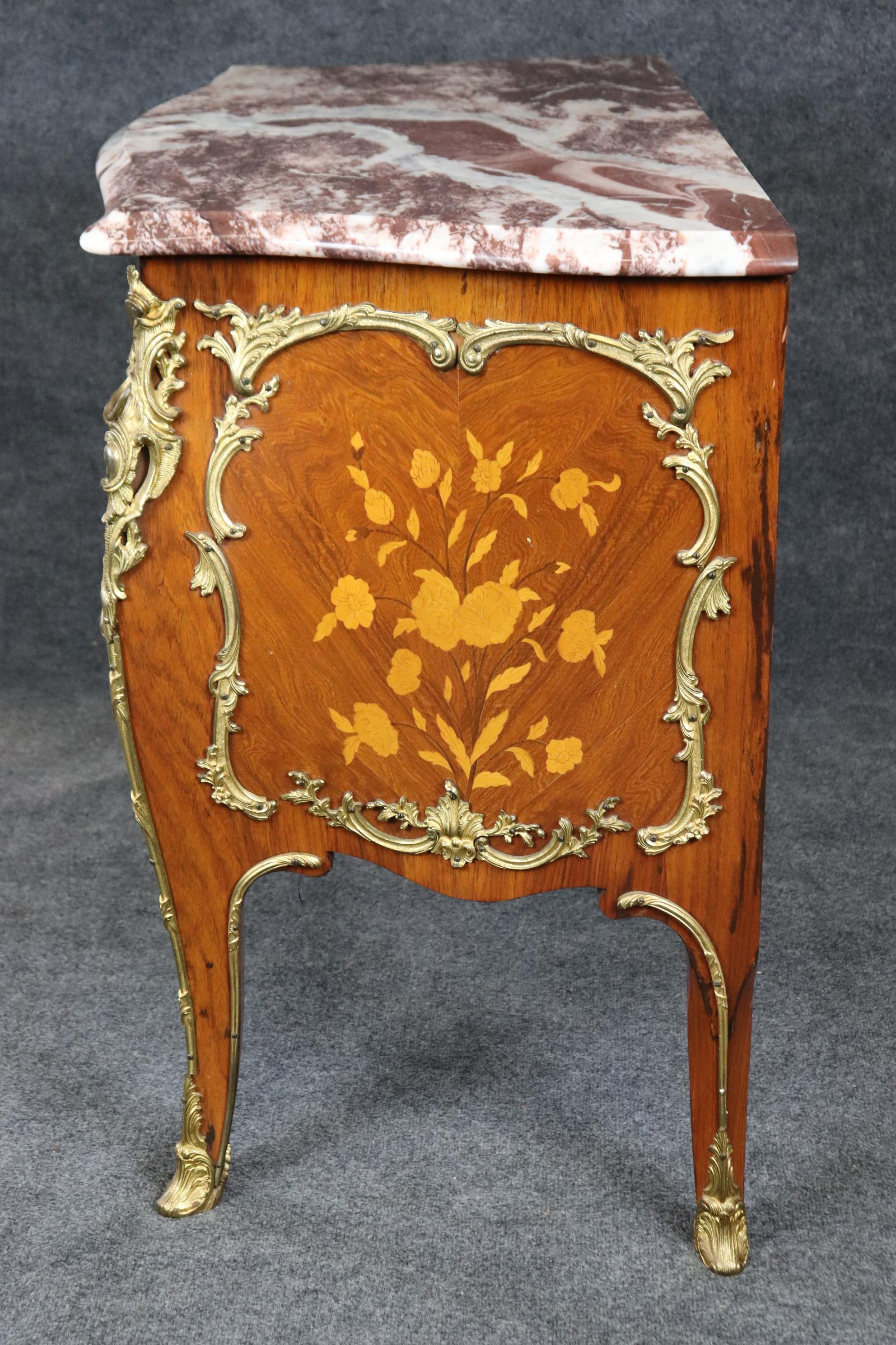 French Fine Quality Bronze Mounted Marble Top Inlaid Louis XV Commode Circa 1930 For Sale