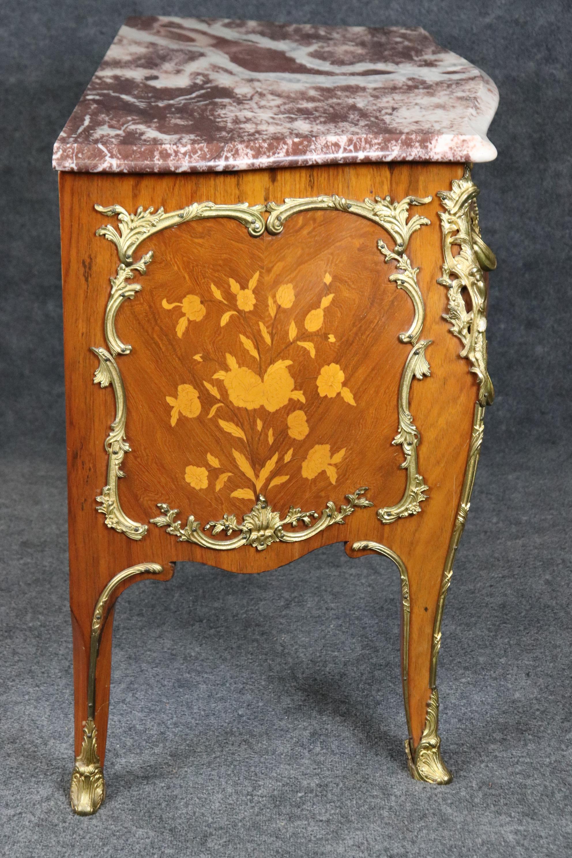 Fine Quality Bronze Mounted Marble Top Inlaid Louis XV Commode Circa 1930 In Good Condition For Sale In Swedesboro, NJ