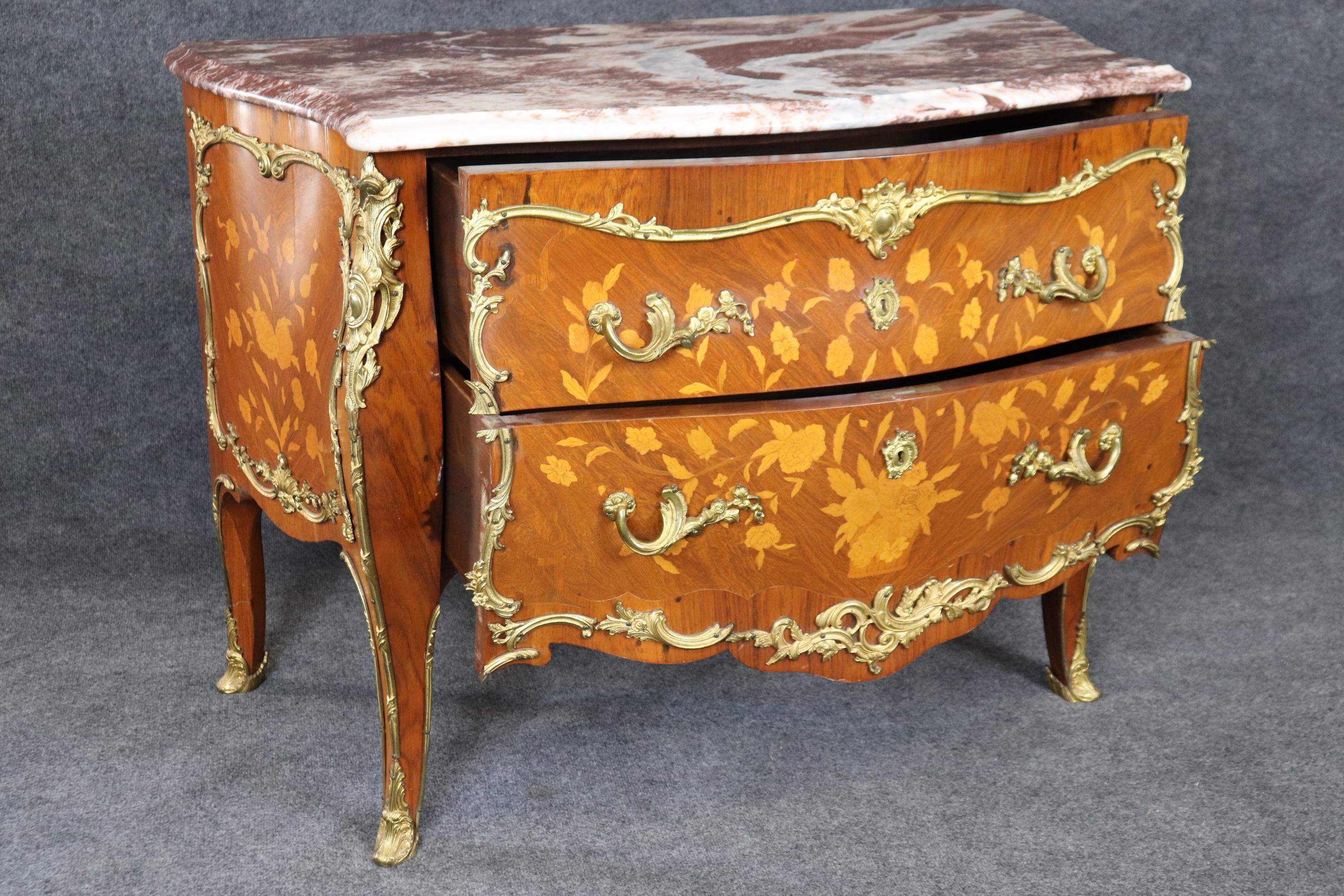 Mid-20th Century Fine Quality Bronze Mounted Marble Top Inlaid Louis XV Commode Circa 1930 For Sale