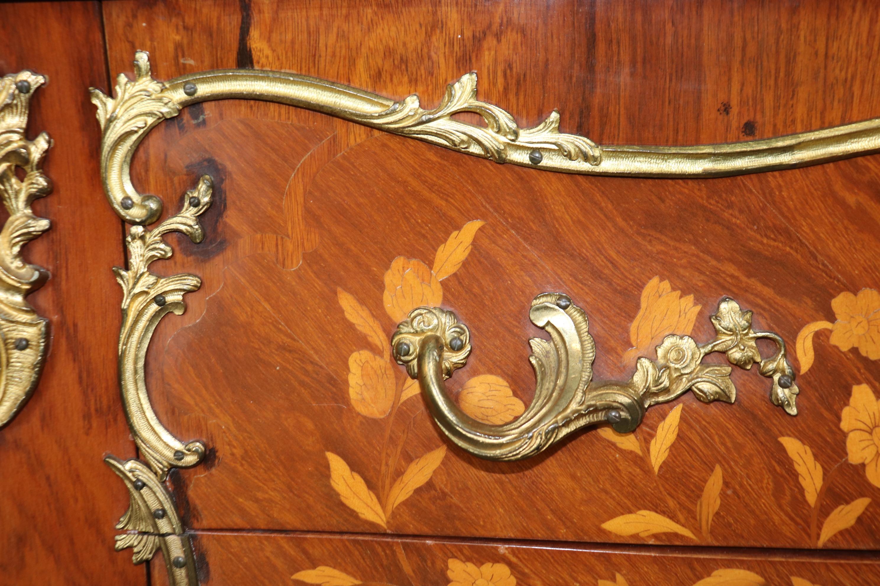 Fine Quality Bronze Mounted Marble Top Inlaid Louis XV Commode Circa 1930 For Sale 3