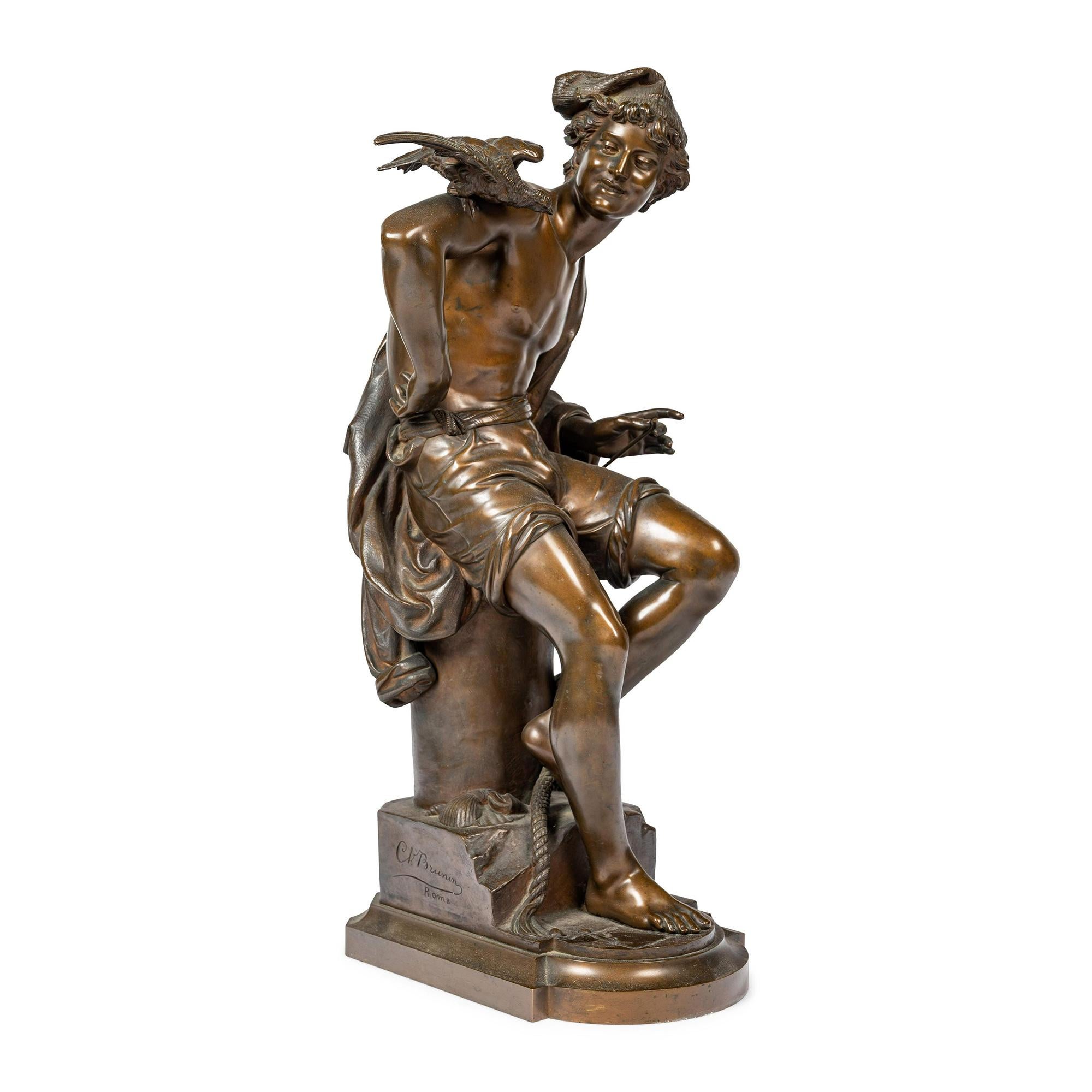A young man sitting on a ship dock by the sea, admires a bird who has just landed on his arm. Artist signature Ch. Brunin Roma and with Tiffany and Co. foundry mark located on the base. 

Title: 